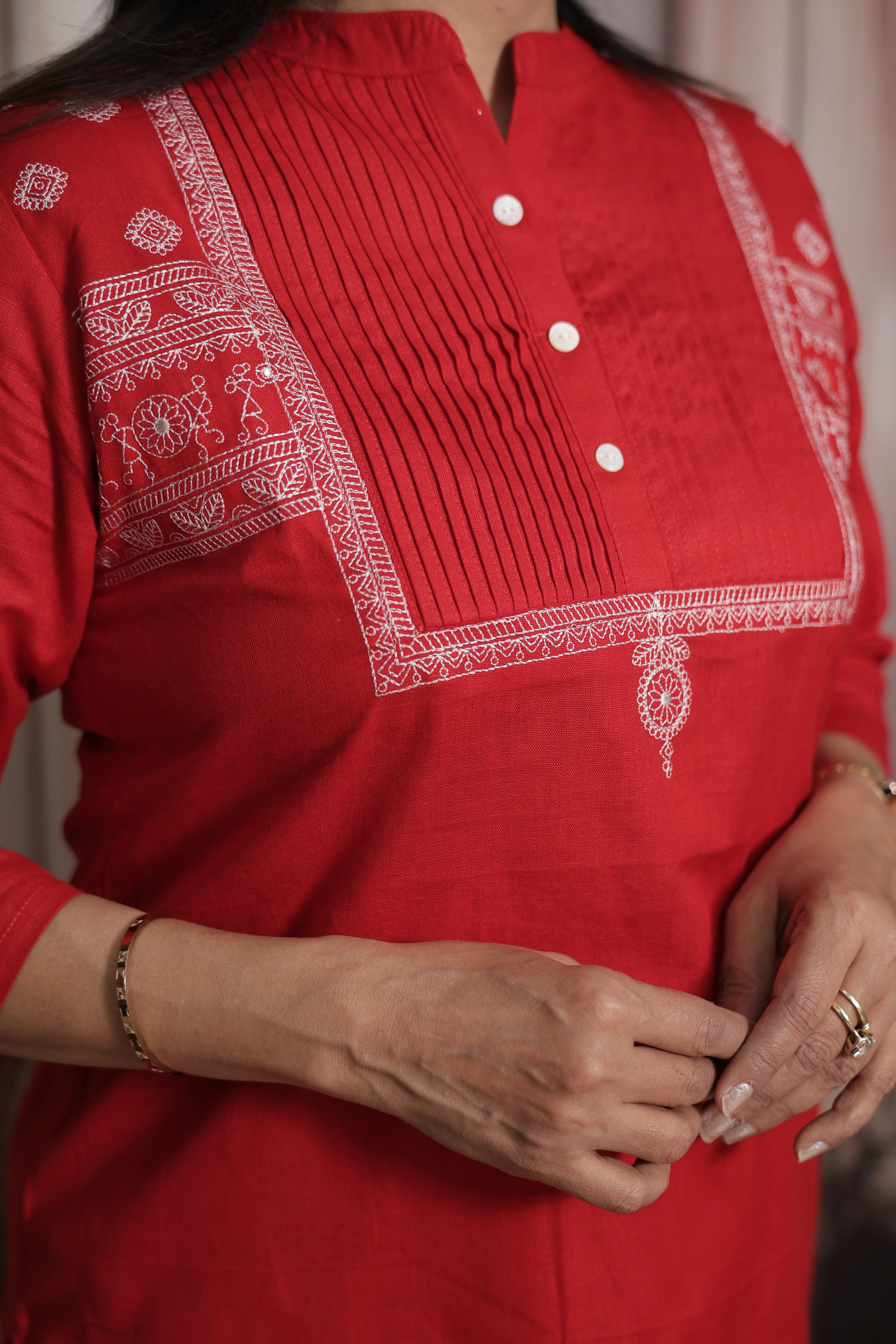 Red Cotton Pintex Top with Palazzo Co-ord Set | Thread Embroidery Ethnic Wear