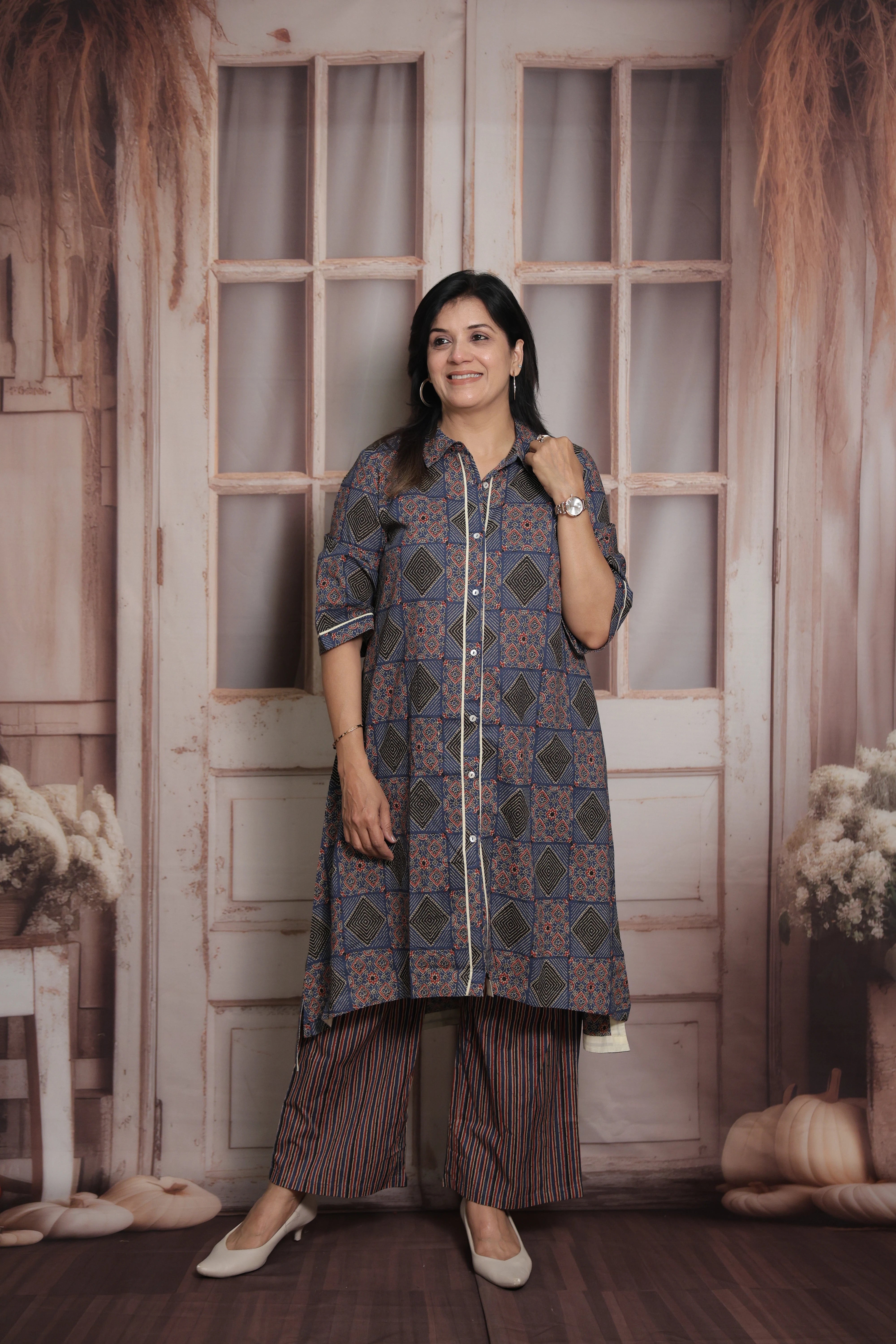 Blue A-Line Collar Neck Kurti Plazo Set | Tail Cut Printed Cotton