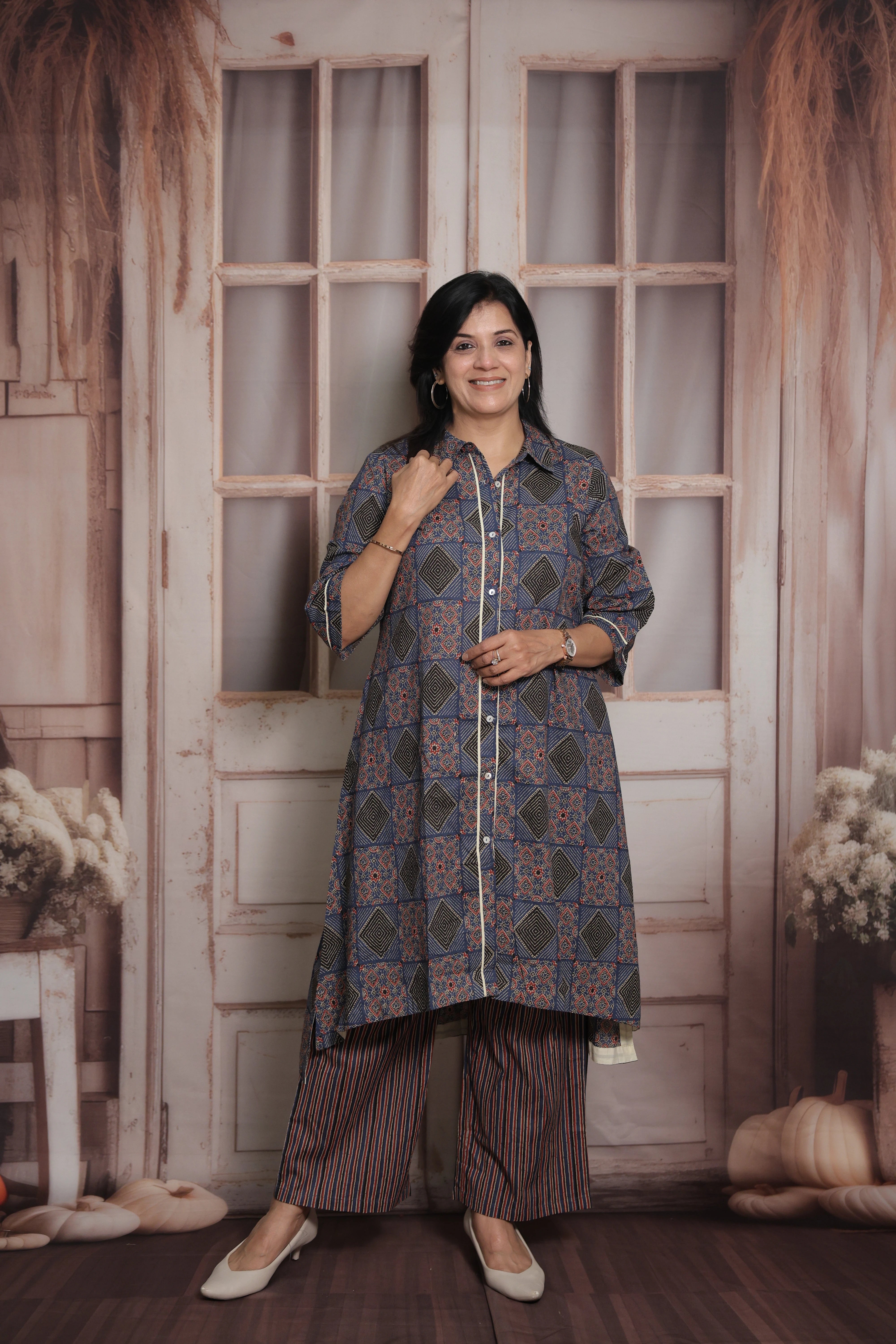 Blue A-Line Collar Neck Kurti Plazo Set | Tail Cut Printed Cotton