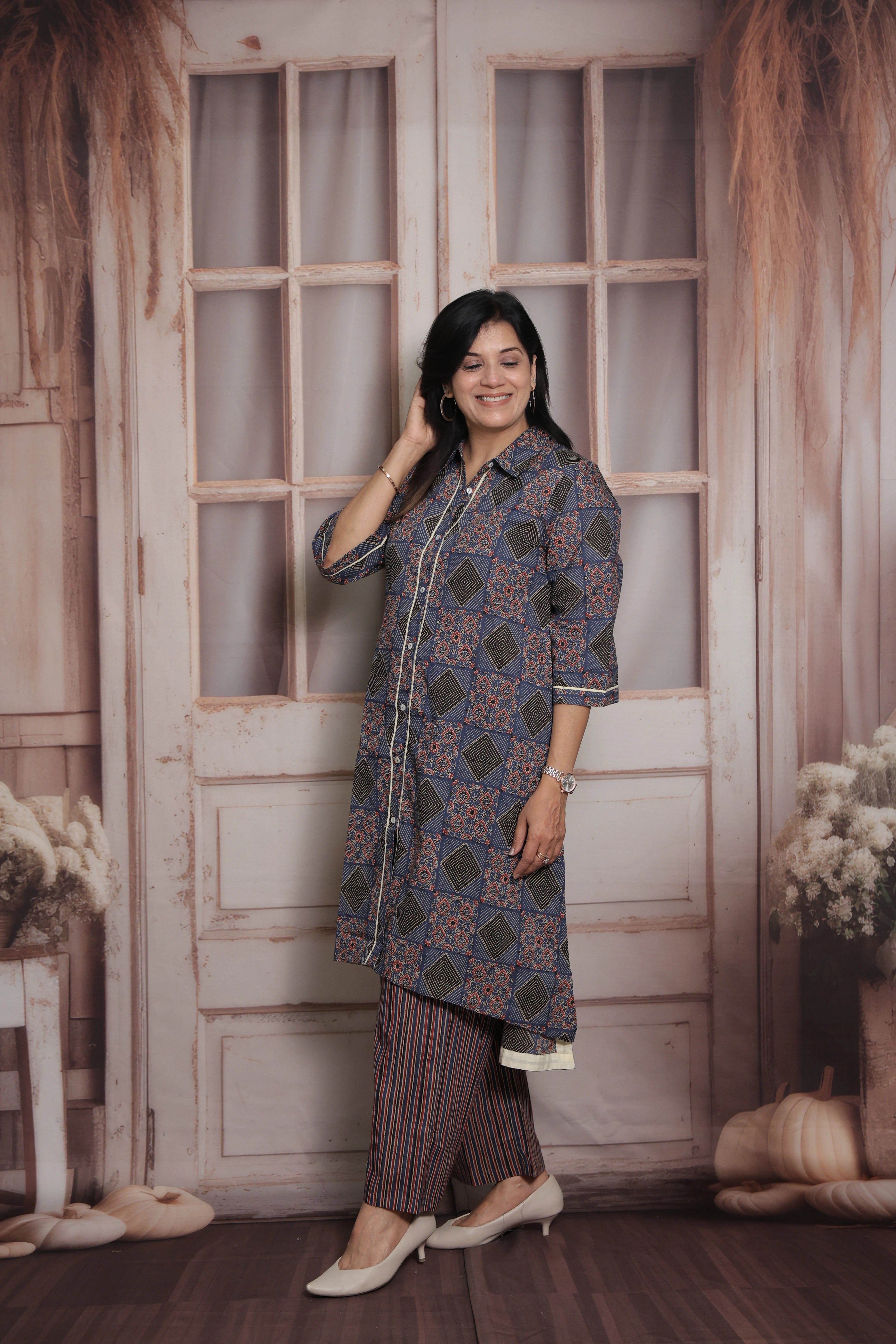 Blue A-Line Collar Neck Kurti Plazo Set | Tail Cut Printed Cotton