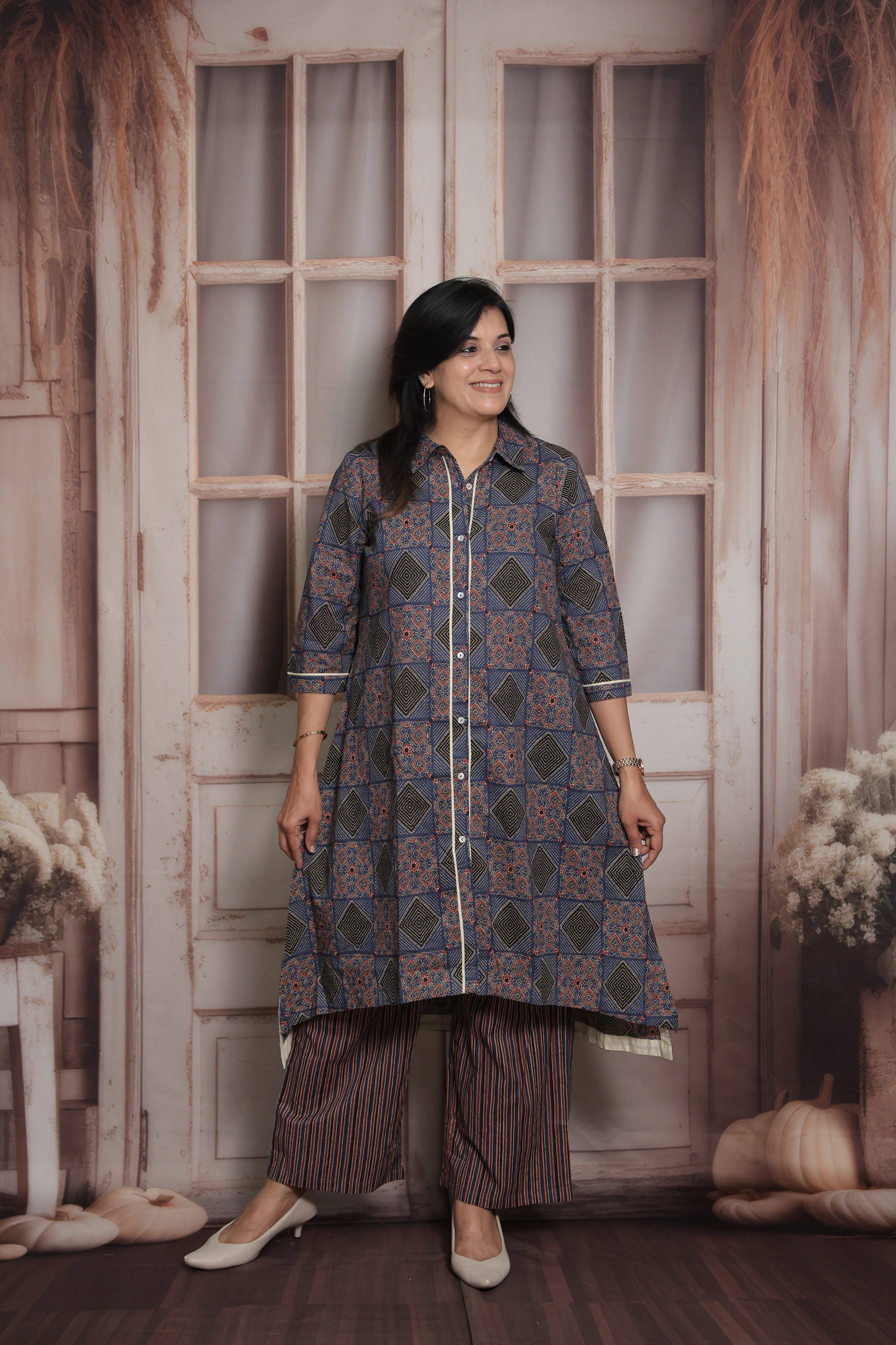 Blue A-Line Collar Neck Kurti Plazo Set | Tail Cut Printed Cotton