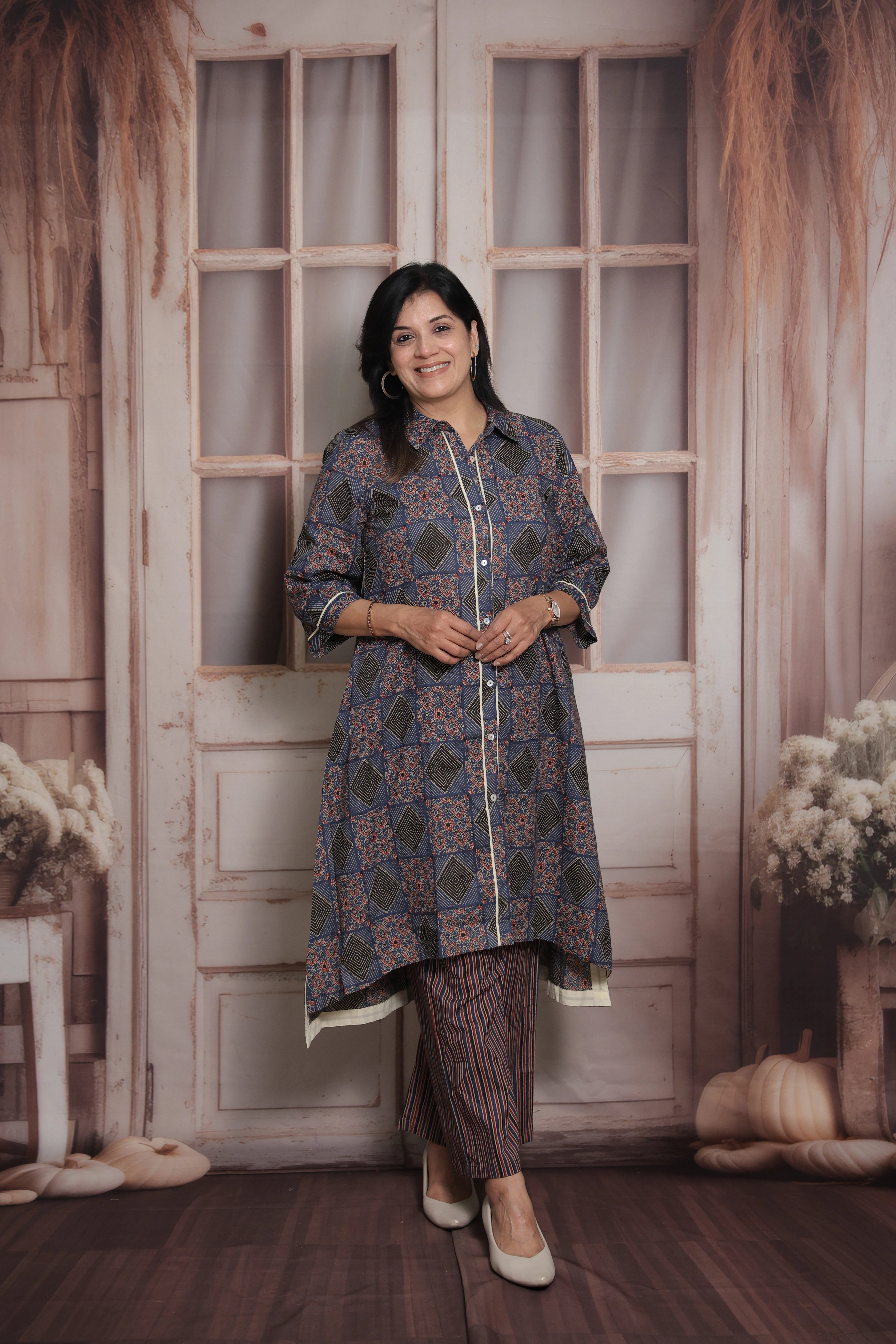 Blue A-Line Collar Neck Kurti Plazo Set | Tail Cut Printed Cotton
