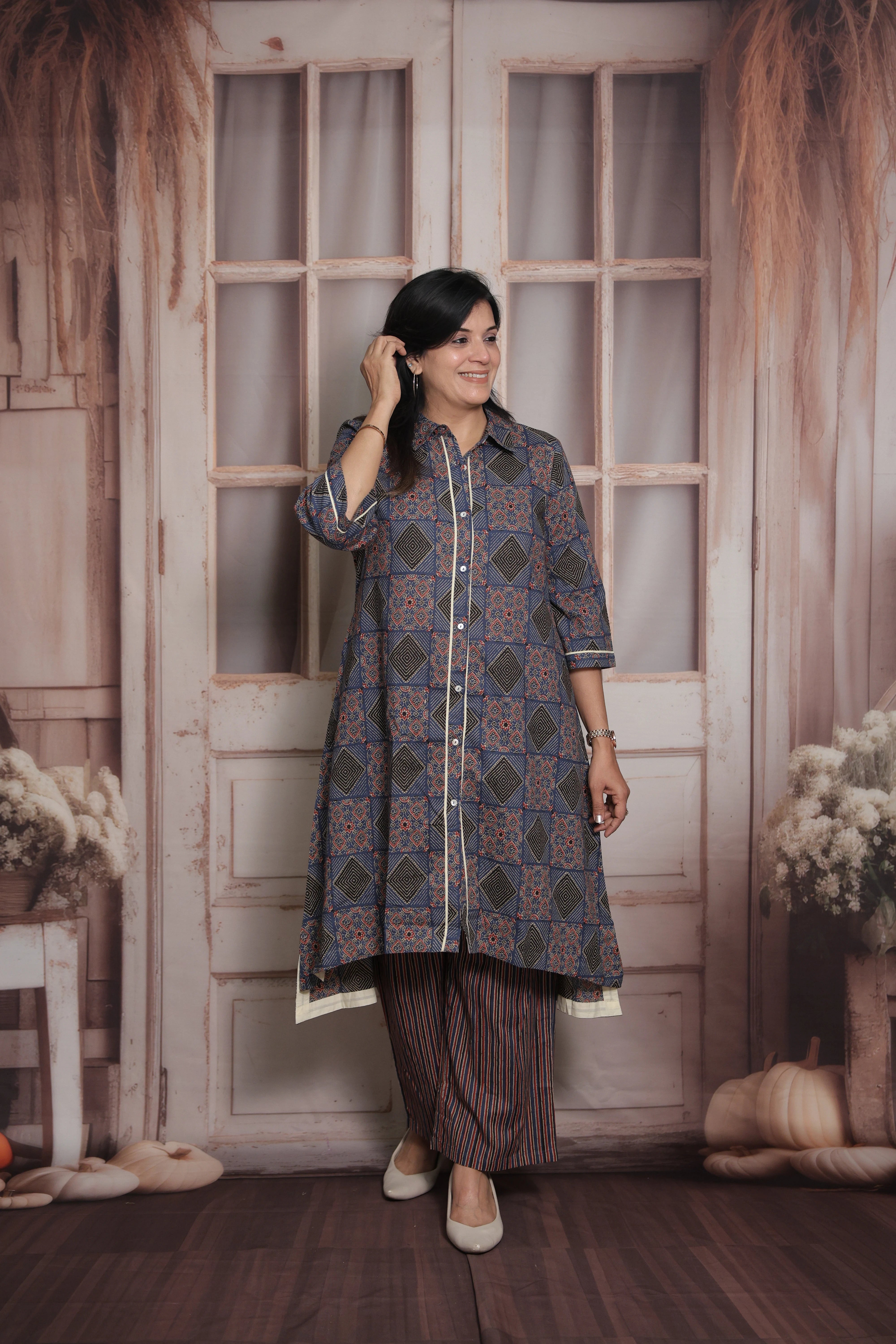 Blue A-Line Collar Neck Kurti Plazo Set | Tail Cut Printed Cotton