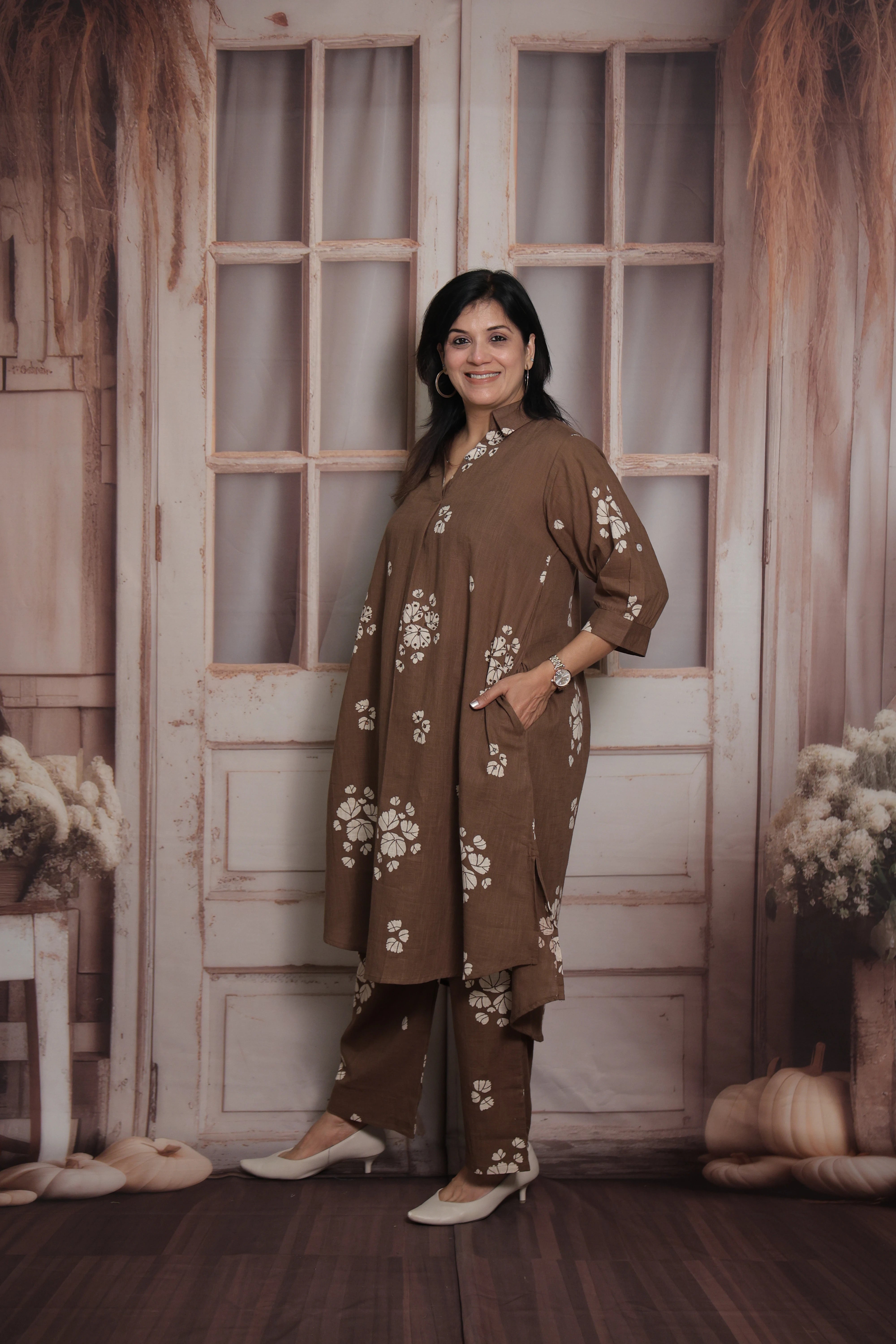 Chocolate Brown Collar Neck Kurti Pant Set | Cotton | Floral Print & Mirror Work