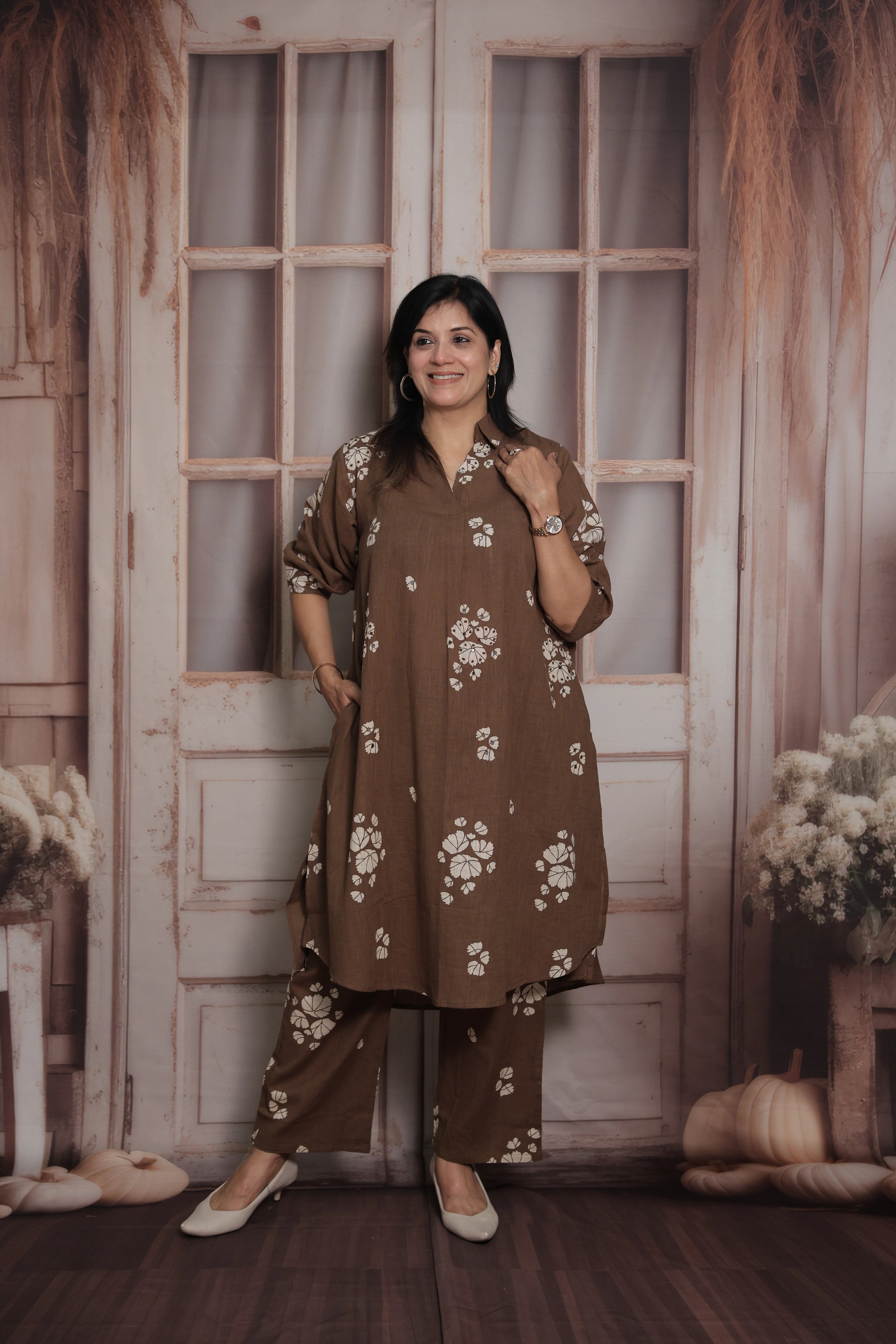 Chocolate Brown Collar Neck Kurti Pant Set | Cotton | Floral Print & Mirror Work