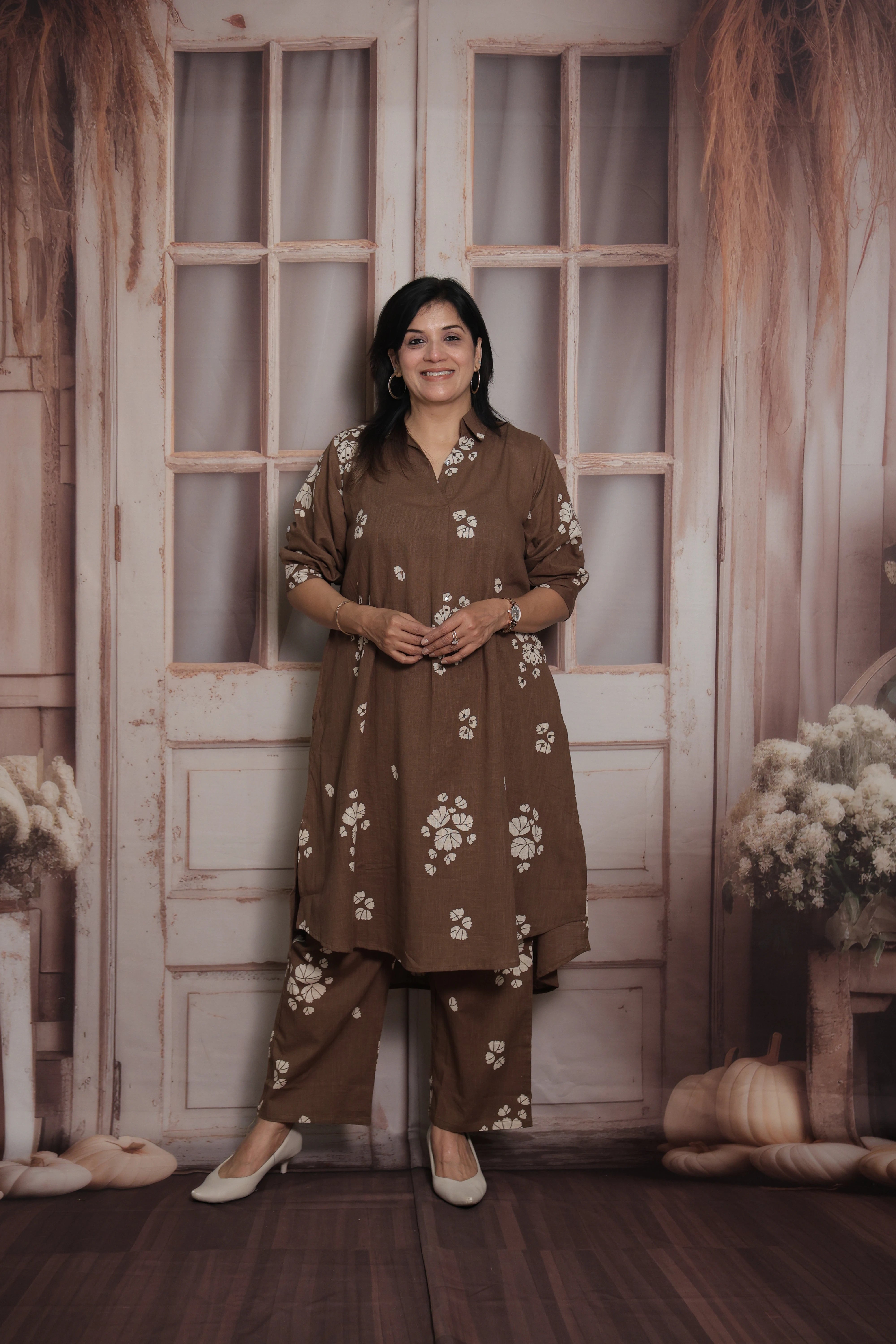 Chocolate Brown Collar Neck Kurti Pant Set | Cotton | Floral Print & Mirror Work