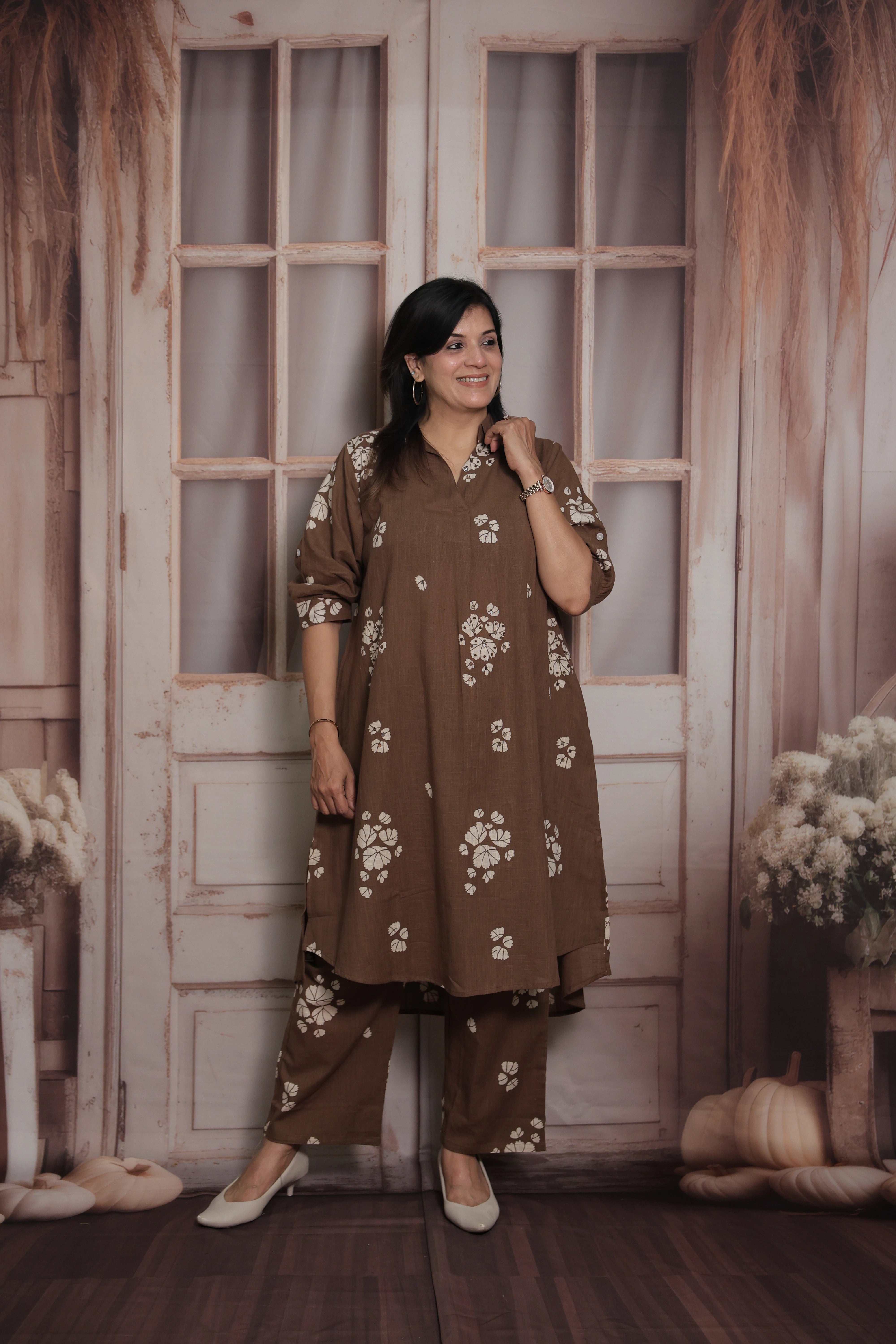 Chocolate Brown Collar Neck Kurti Pant Set | Cotton | Floral Print & Mirror Work