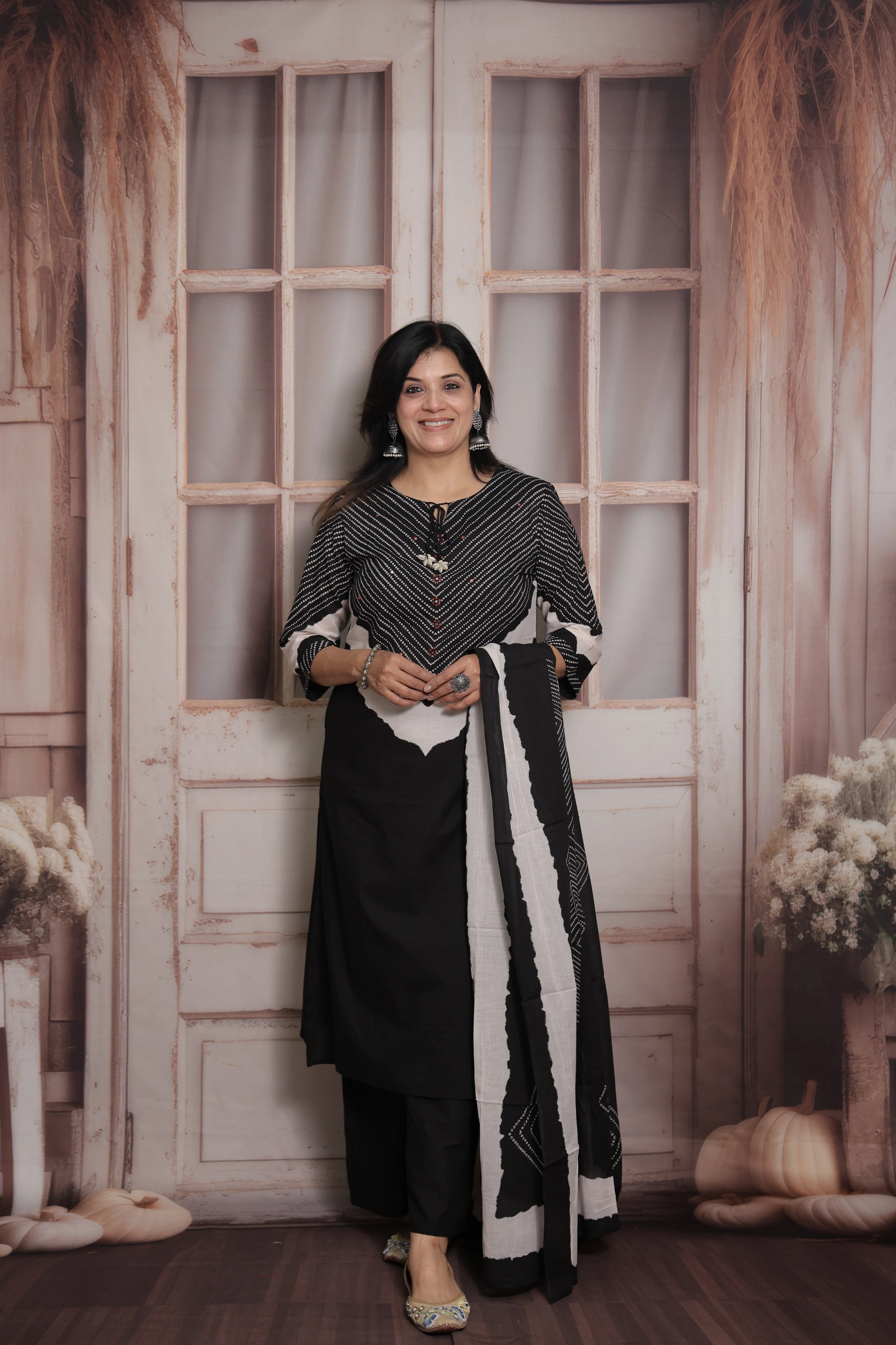Black Dupatta Set | Bandhani Print-Tie and Dye  & Mirror Work Mul Cotton Ethnic Set