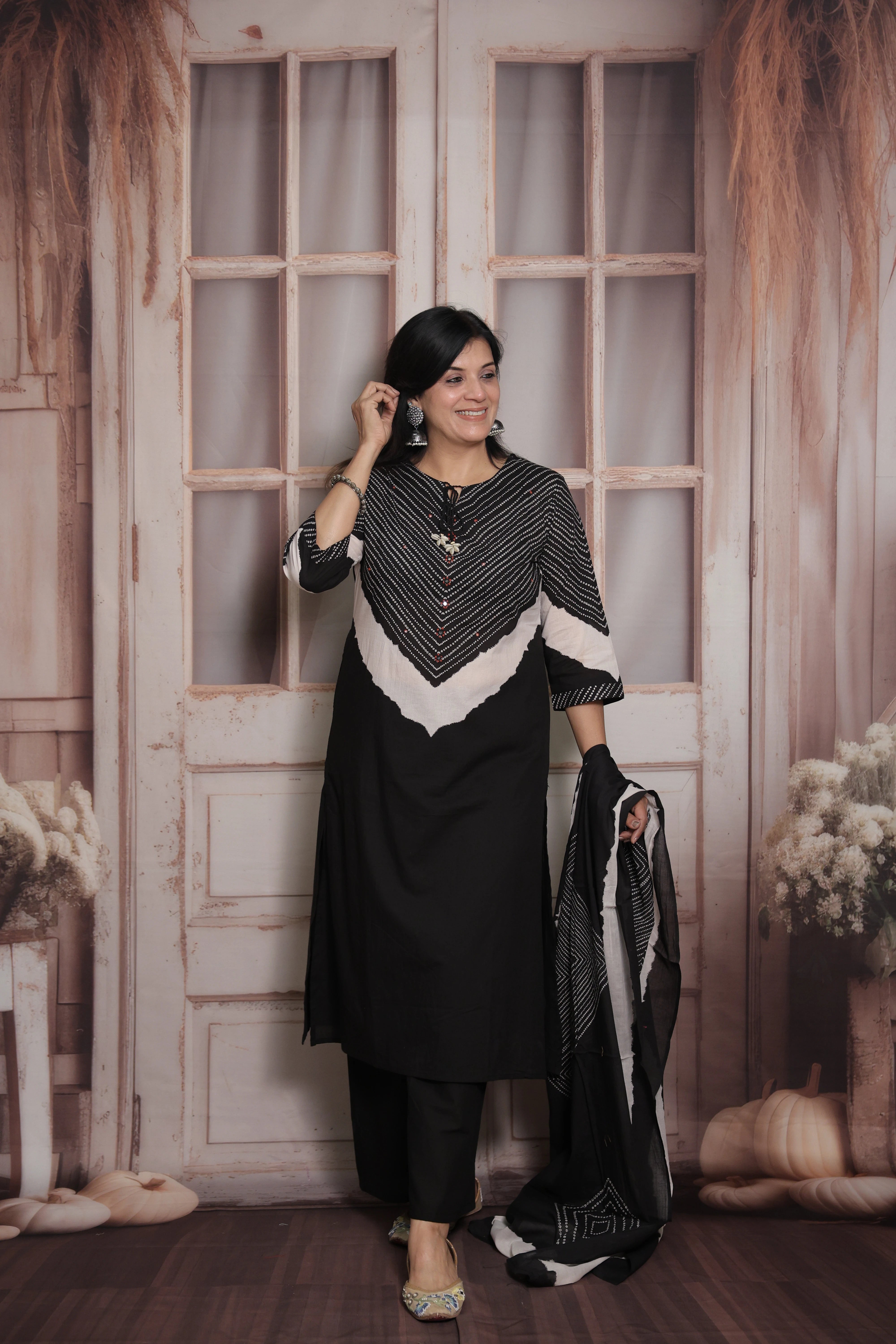 Black Dupatta Set | Bandhani Print-Tie and Dye  & Mirror Work Mul Cotton Ethnic Set