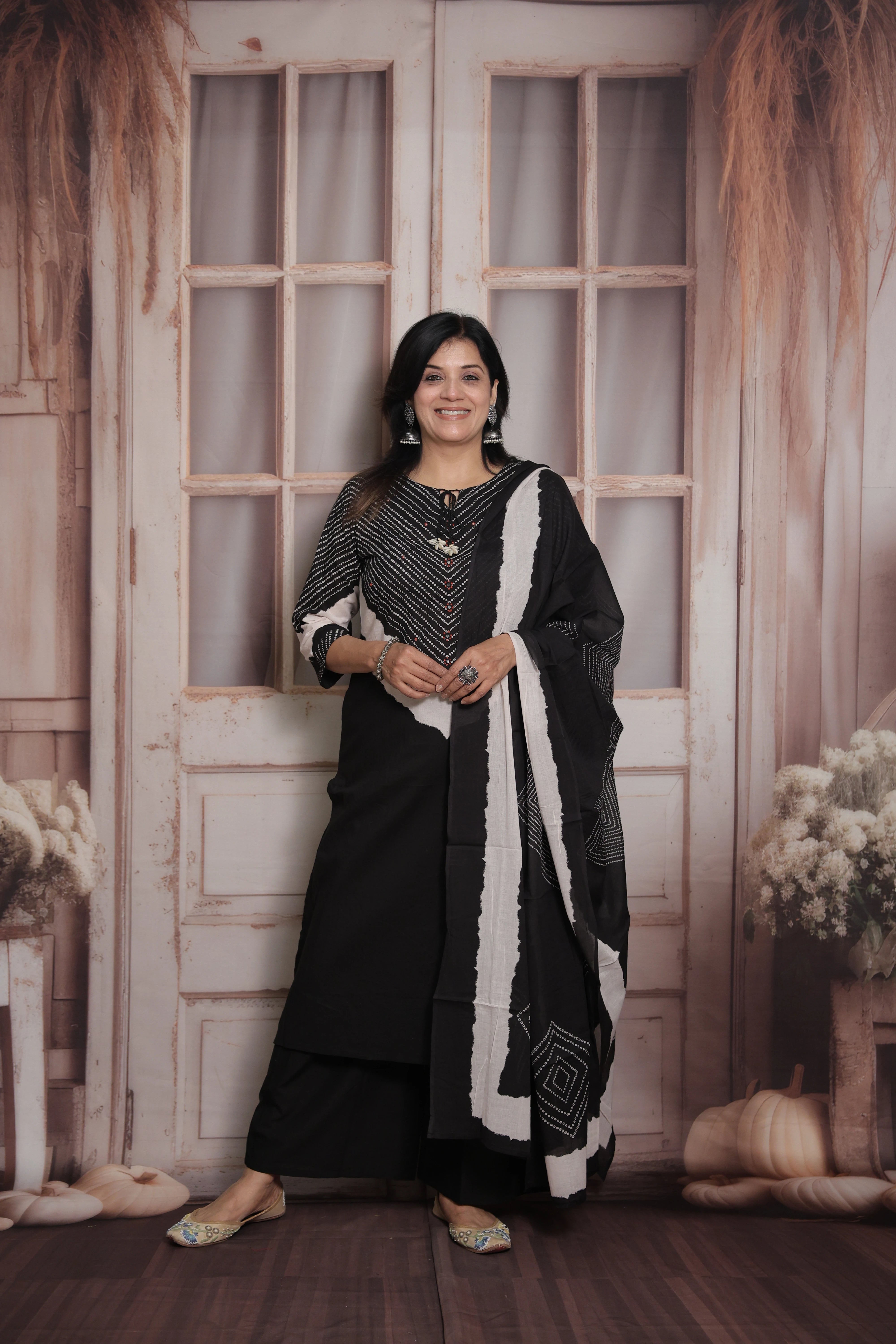 Black Dupatta Set | Bandhani Print-Tie and Dye  & Mirror Work Mul Cotton Ethnic Set
