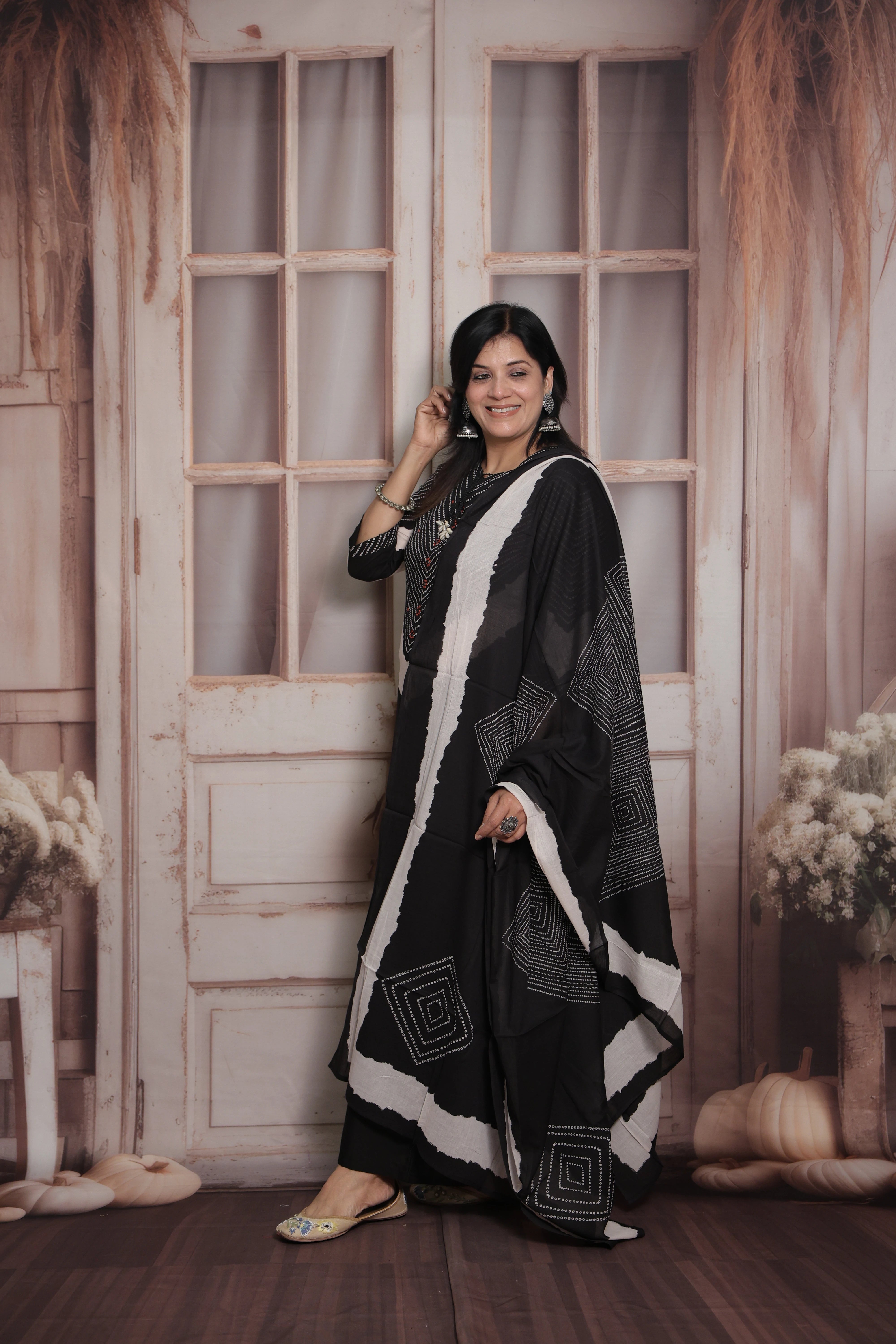 Black Dupatta Set | Bandhani Print-Tie and Dye  & Mirror Work Mul Cotton Ethnic Set