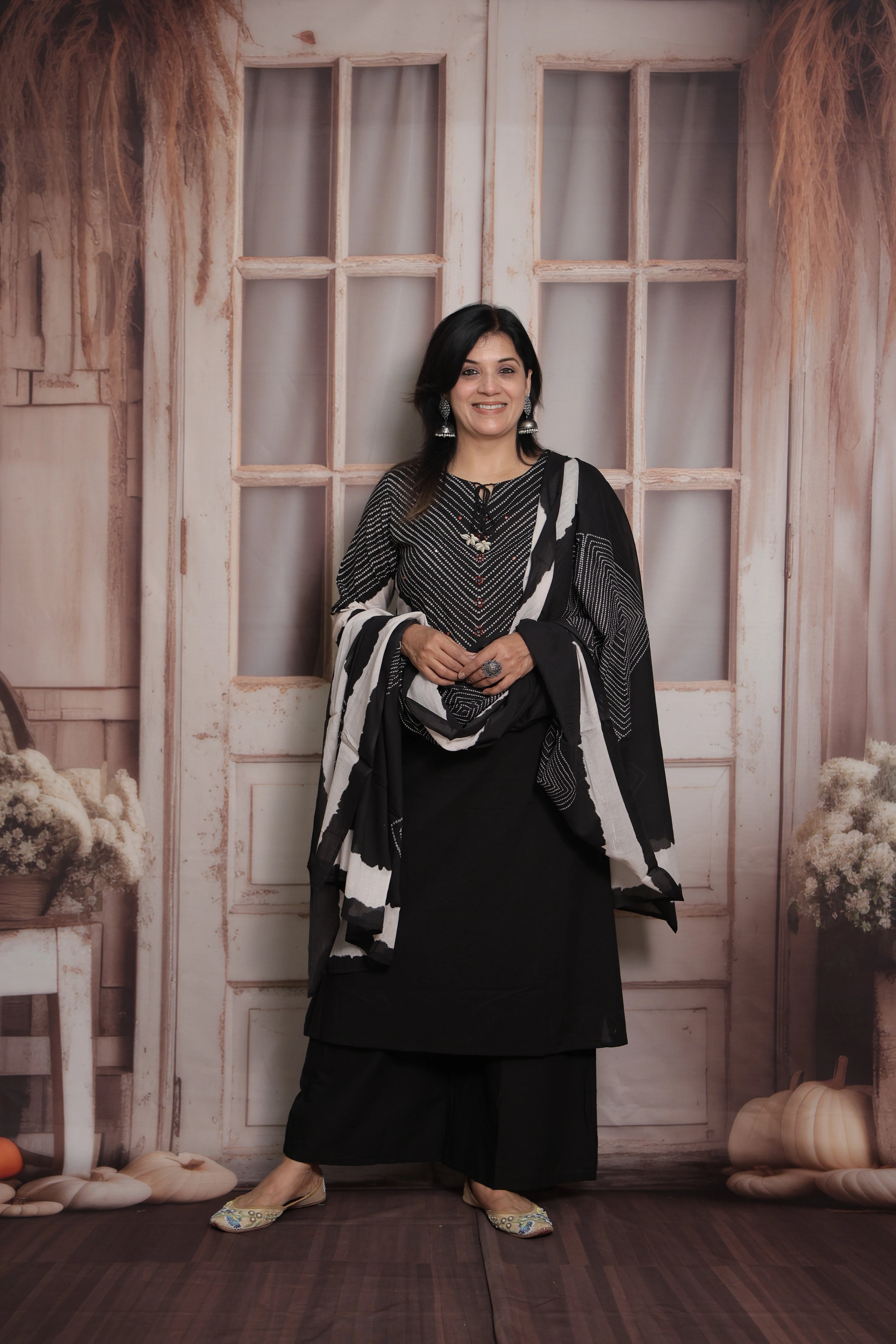 Black Dupatta Set | Bandhani Print-Tie and Dye  & Mirror Work Mul Cotton Ethnic Set