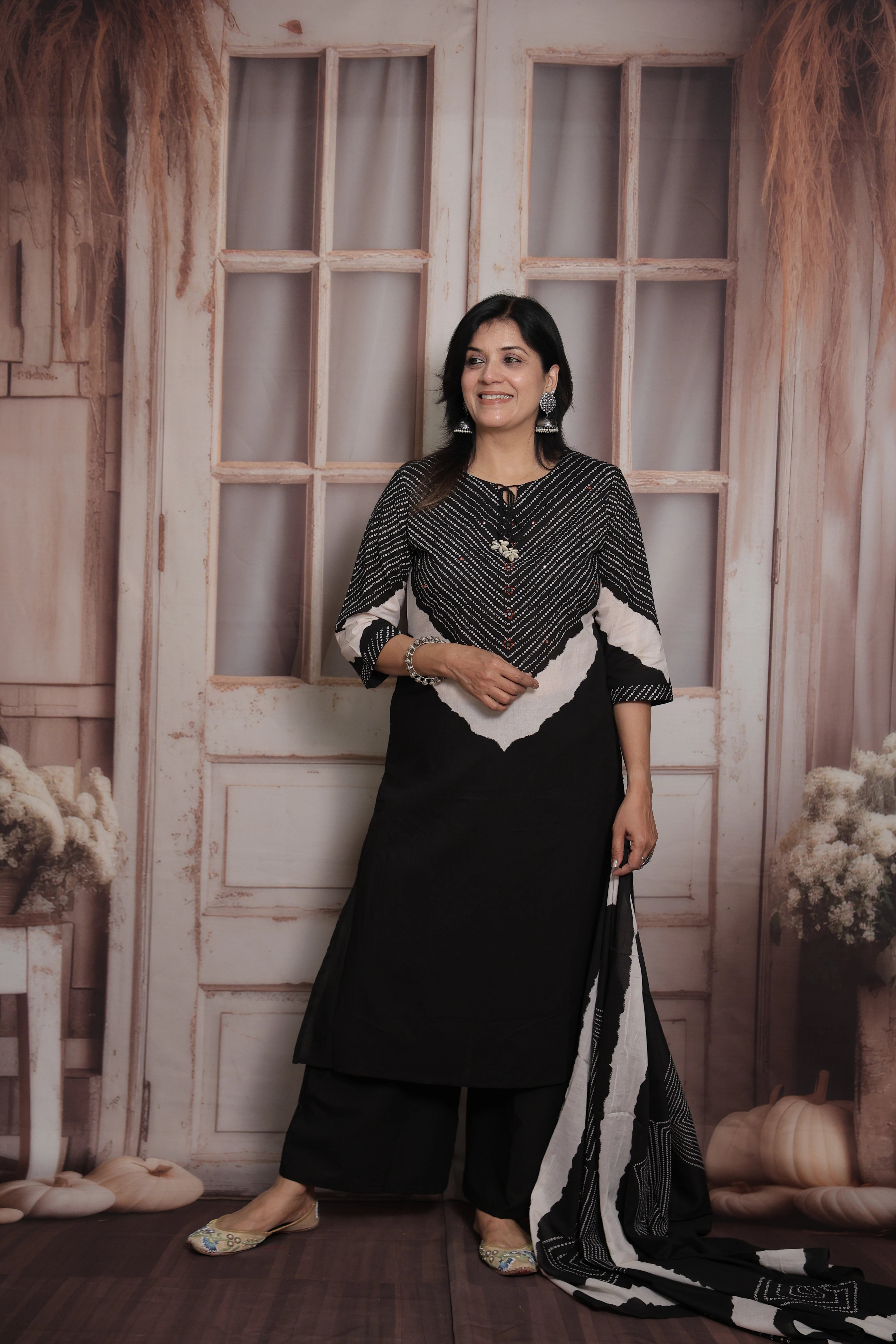 Black Dupatta Set | Bandhani Print-Tie and Dye  & Mirror Work Mul Cotton Ethnic Set