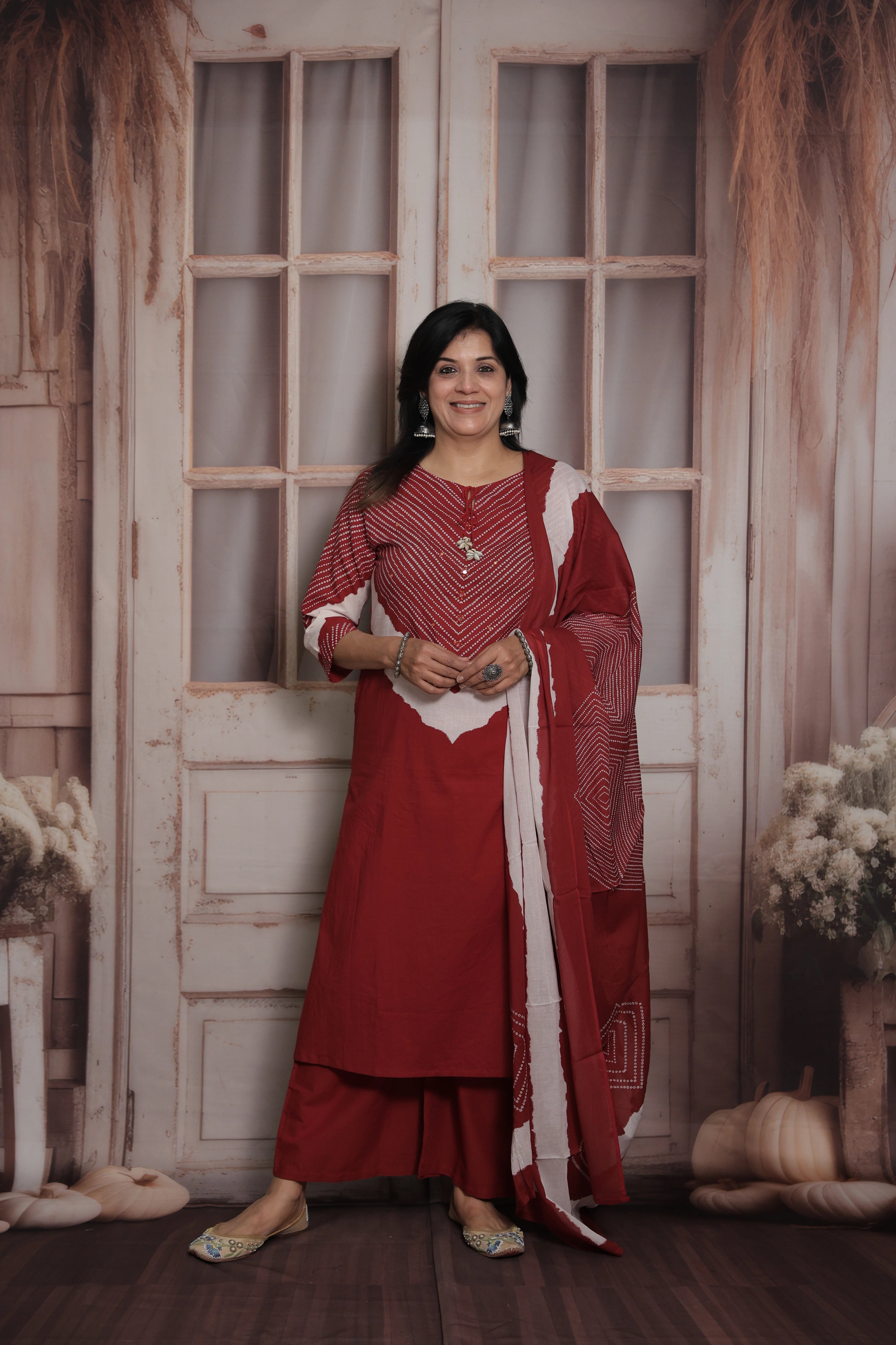 Dark Maroon Dupatta Set | Bandhani Print - Tie and Dye  & Mirror Work Mul Cotton Ethnic Set