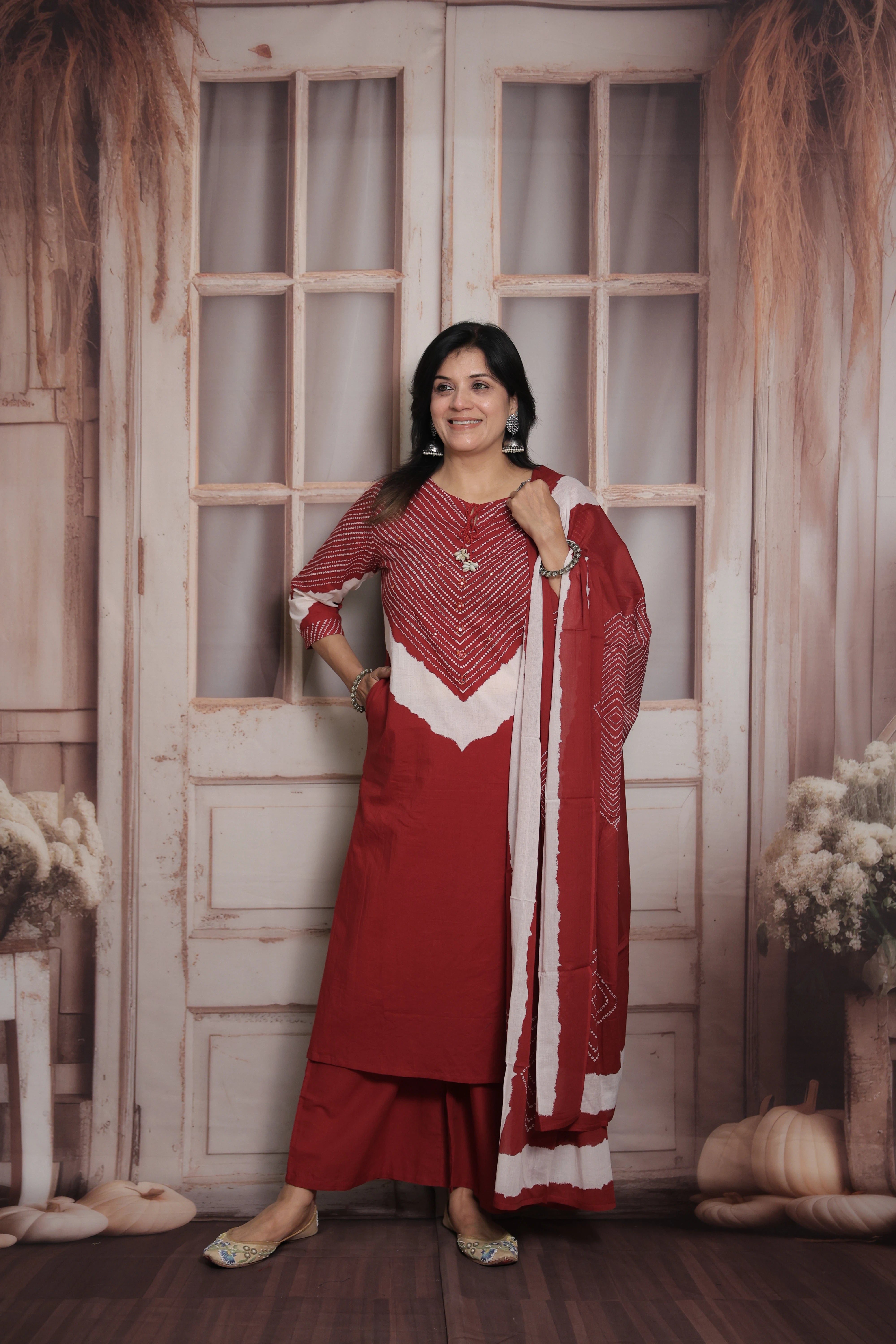 Dark Maroon Dupatta Set | Bandhani Print - Tie and Dye  & Mirror Work Mul Cotton Ethnic Set