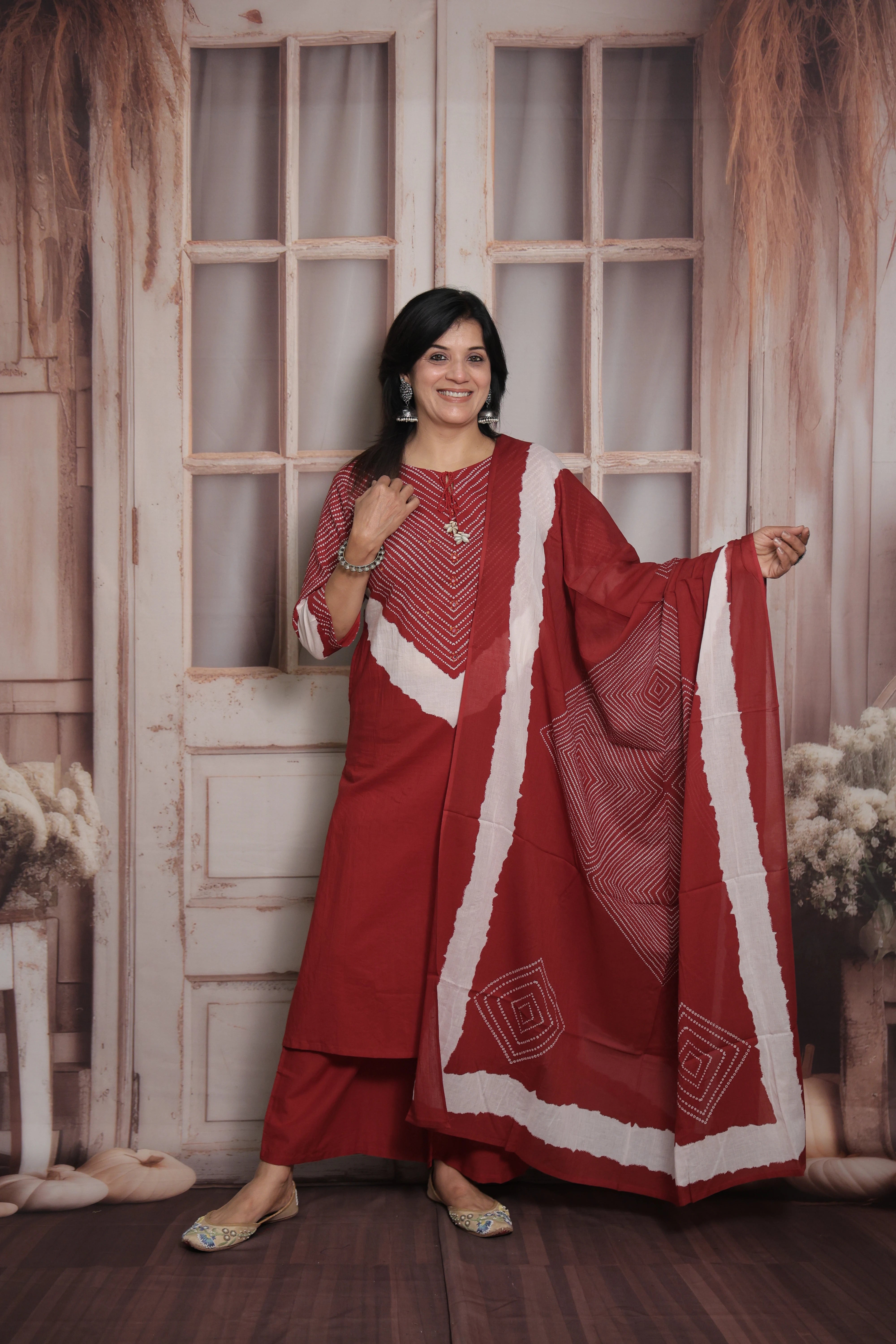 Dark Maroon Dupatta Set | Bandhani Print - Tie and Dye  & Mirror Work Mul Cotton Ethnic Set