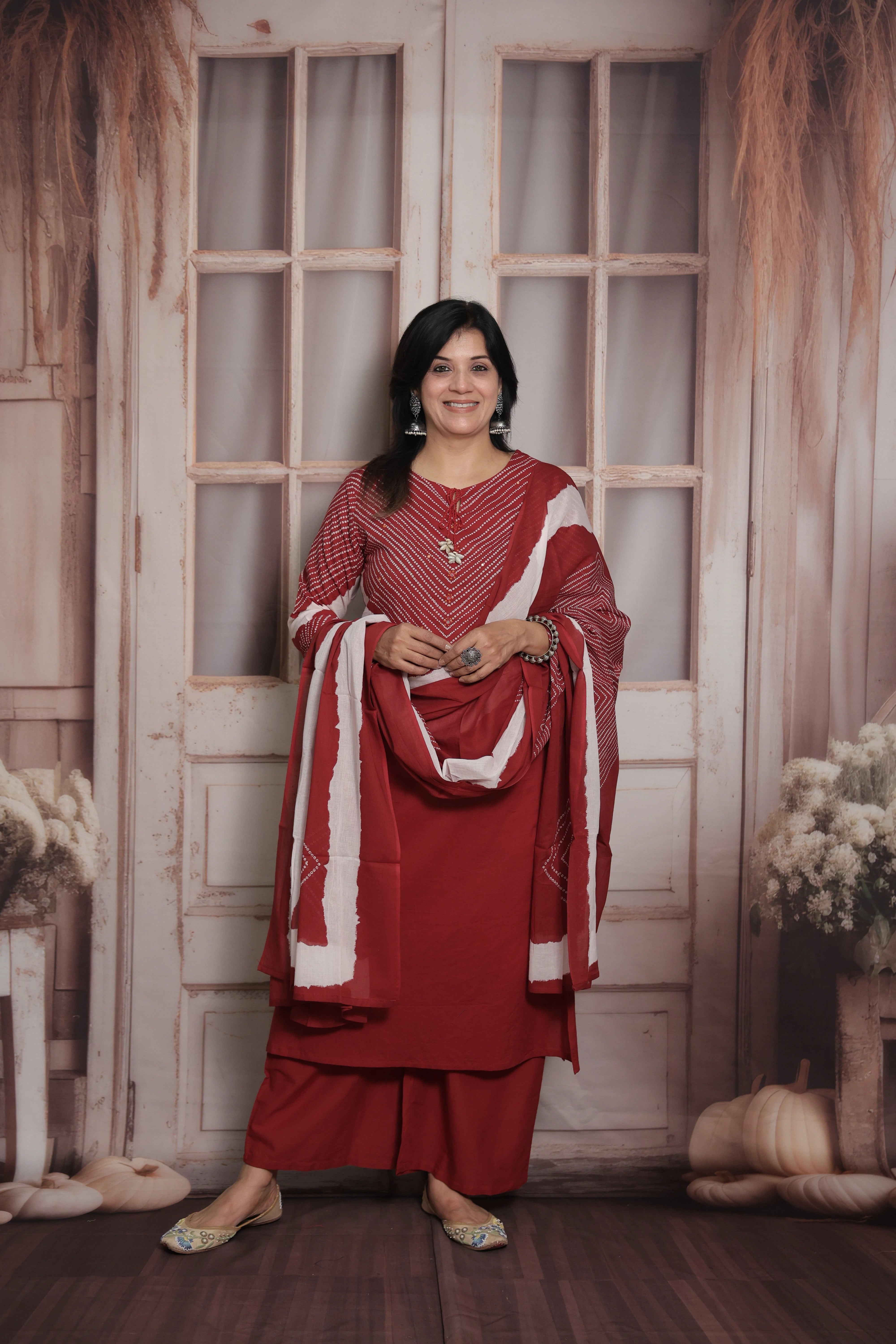 Dark Maroon Dupatta Set | Bandhani Print - Tie and Dye  & Mirror Work Mul Cotton Ethnic Set