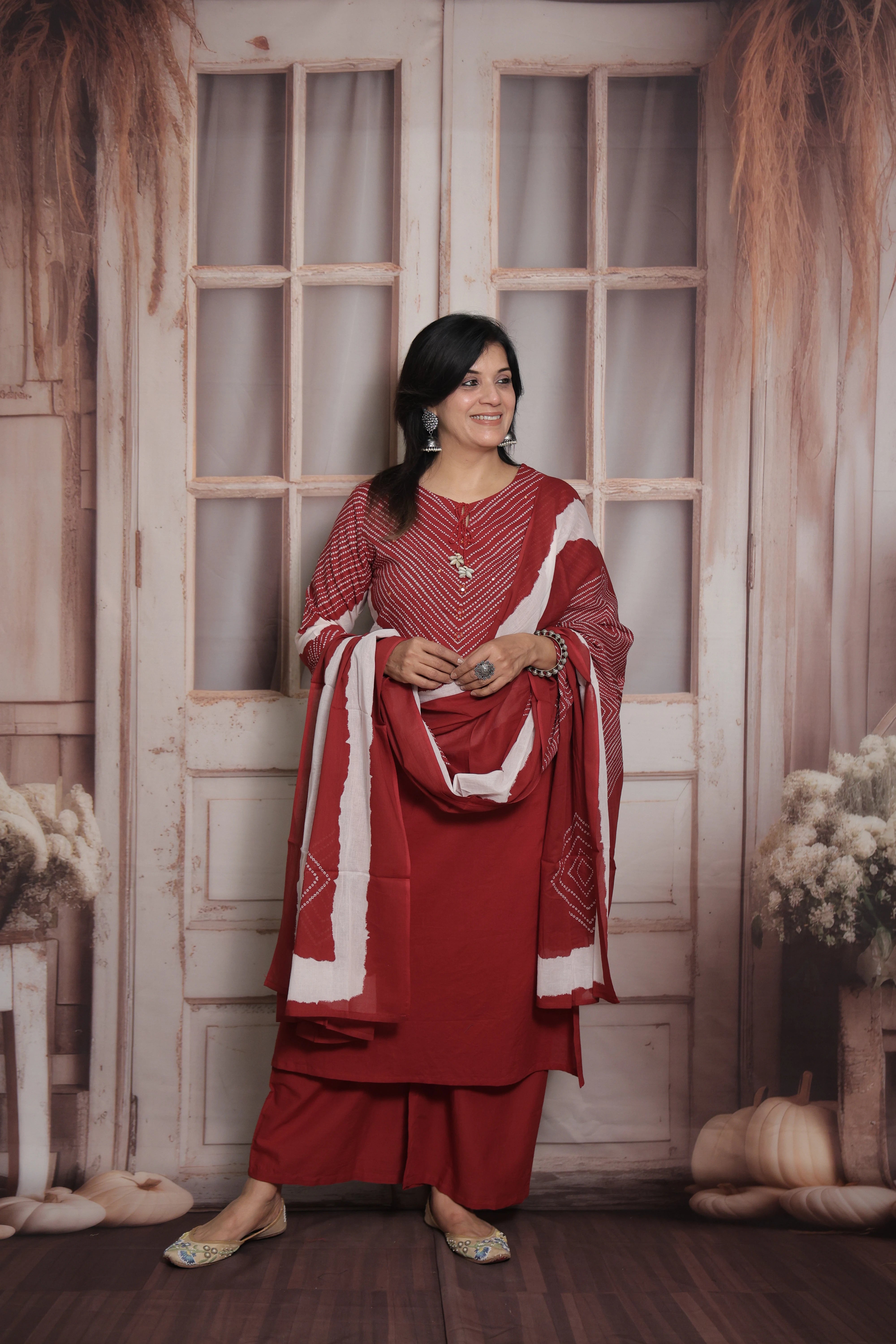 Dark Maroon Dupatta Set | Bandhani Print - Tie and Dye  & Mirror Work Mul Cotton Ethnic Set