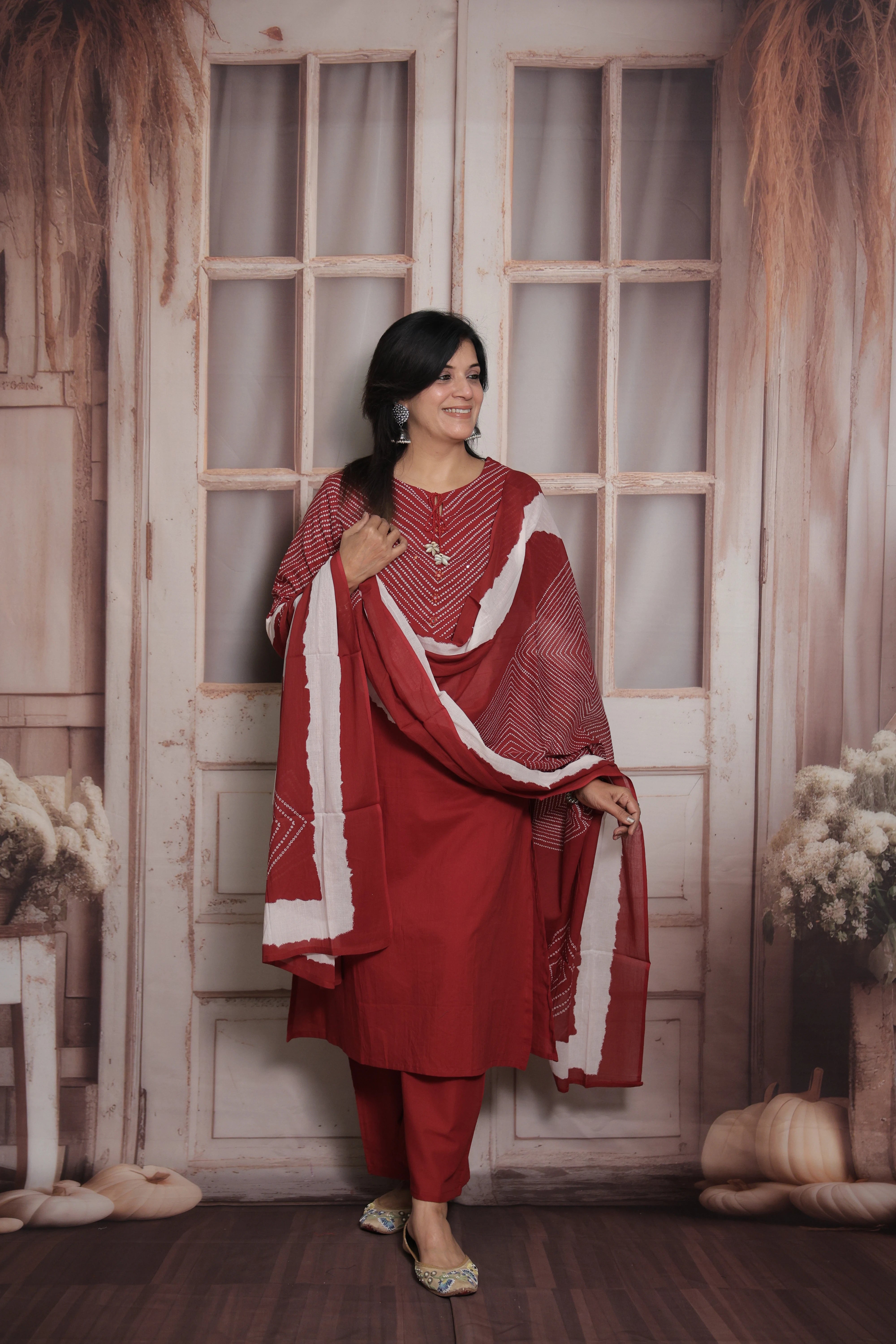 Dark Maroon Dupatta Set | Bandhani Print - Tie and Dye  & Mirror Work Mul Cotton Ethnic Set