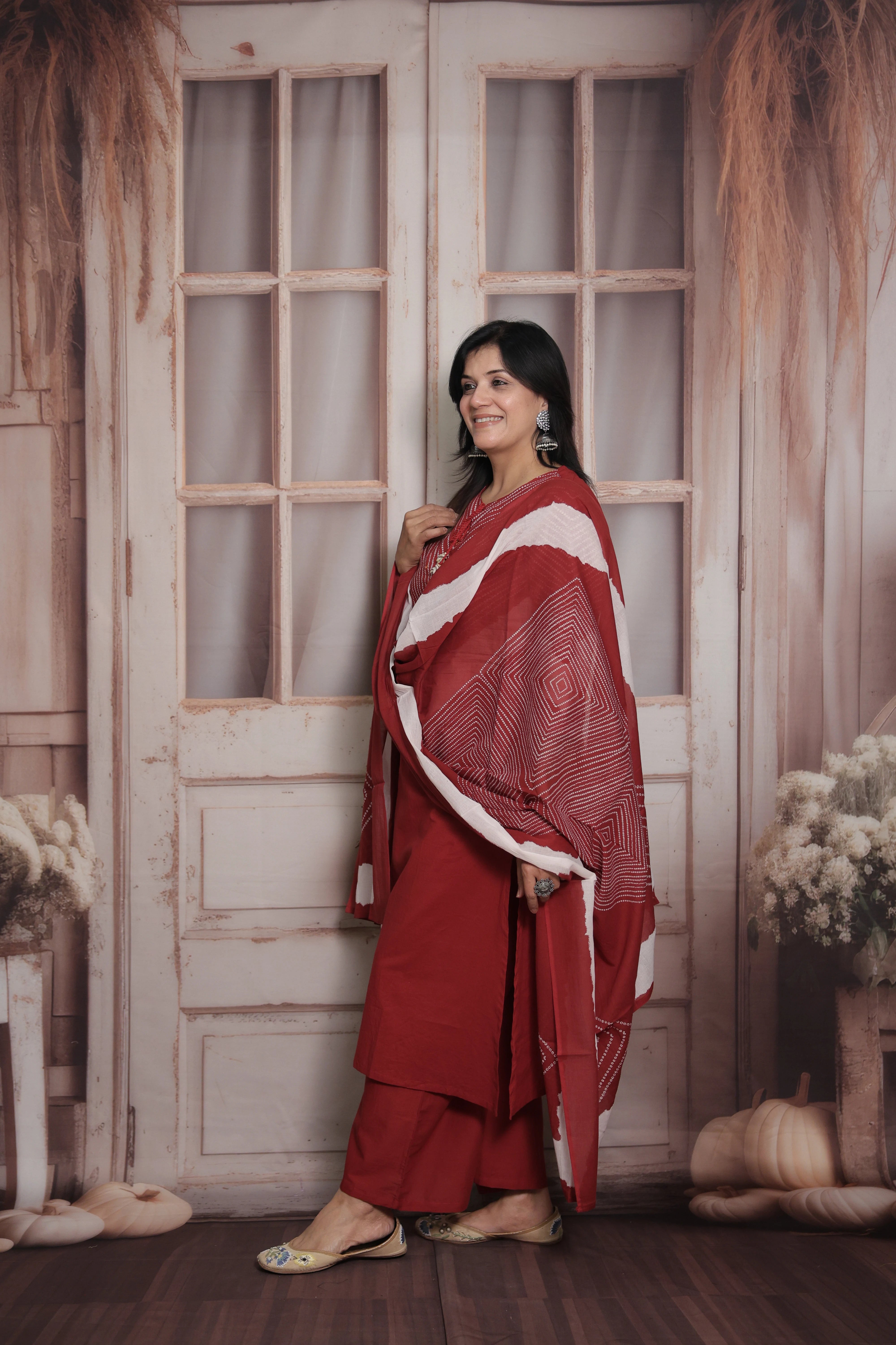 Dark Maroon Dupatta Set | Bandhani Print - Tie and Dye  & Mirror Work Mul Cotton Ethnic Set
