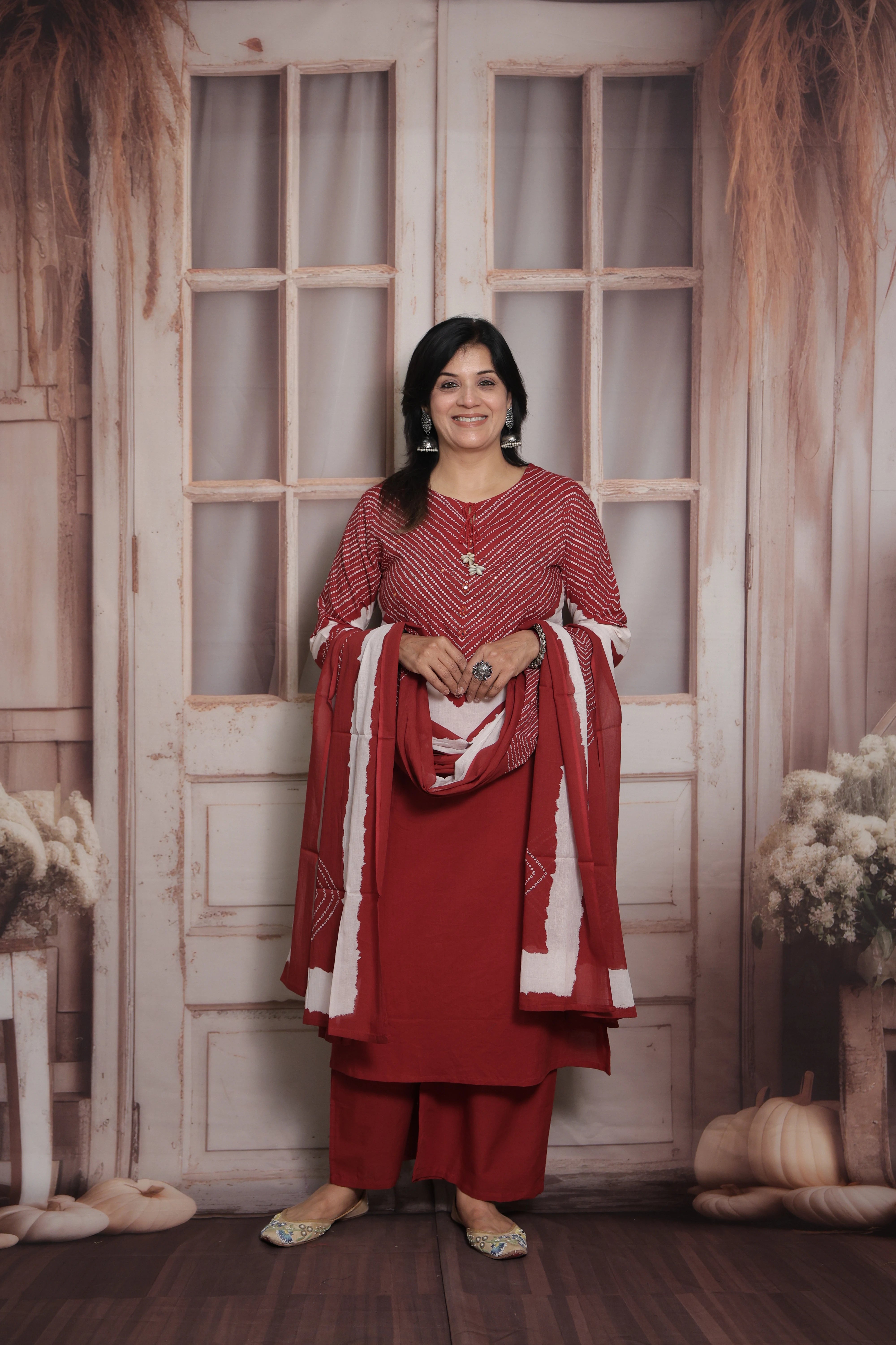 Dark Maroon Dupatta Set | Bandhani Print - Tie and Dye  & Mirror Work Mul Cotton Ethnic Set