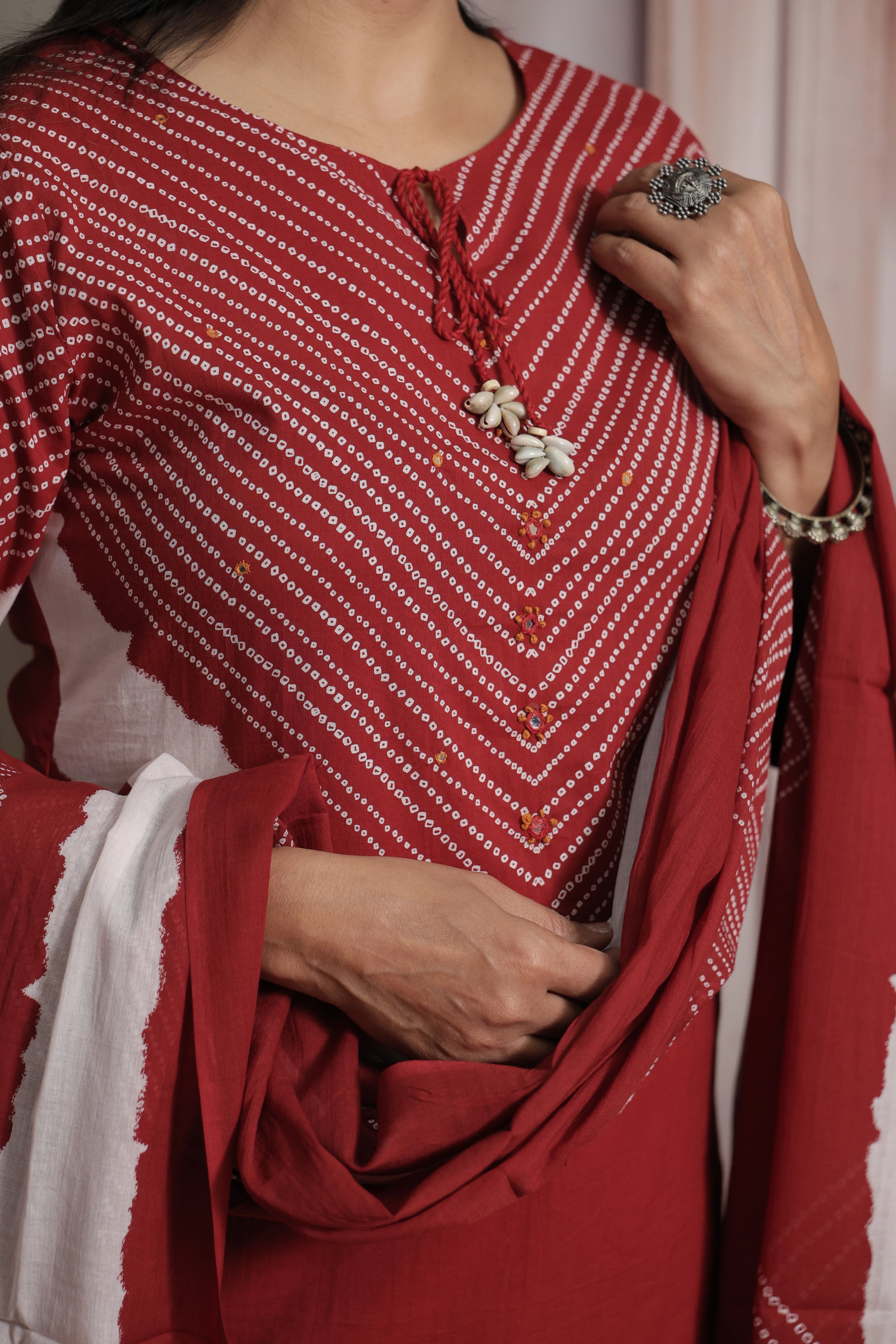 Dark Maroon Dupatta Set | Bandhani Print - Tie and Dye  & Mirror Work Mul Cotton Ethnic Set