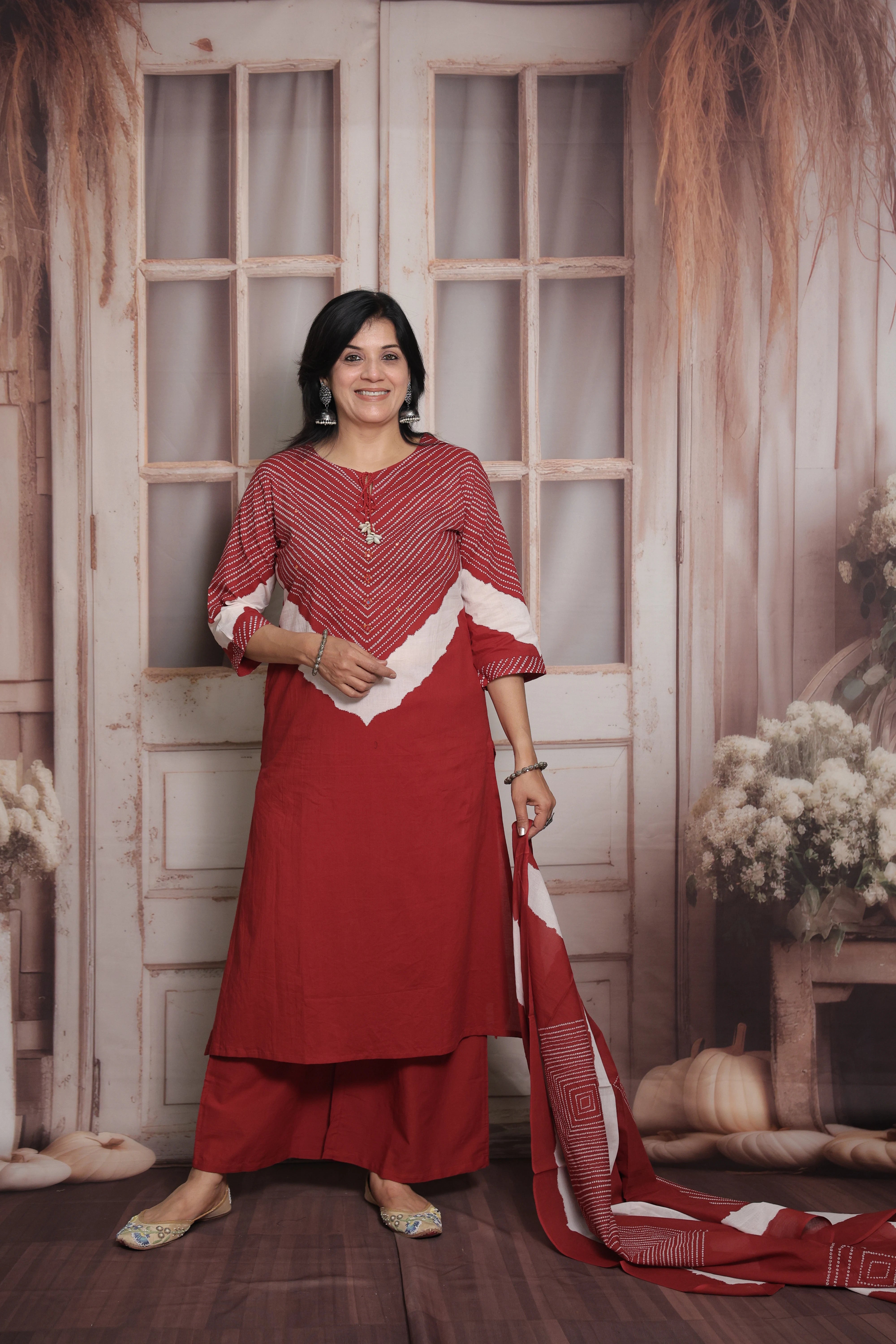 Dark Maroon Dupatta Set | Bandhani Print - Tie and Dye  & Mirror Work Mul Cotton Ethnic Set