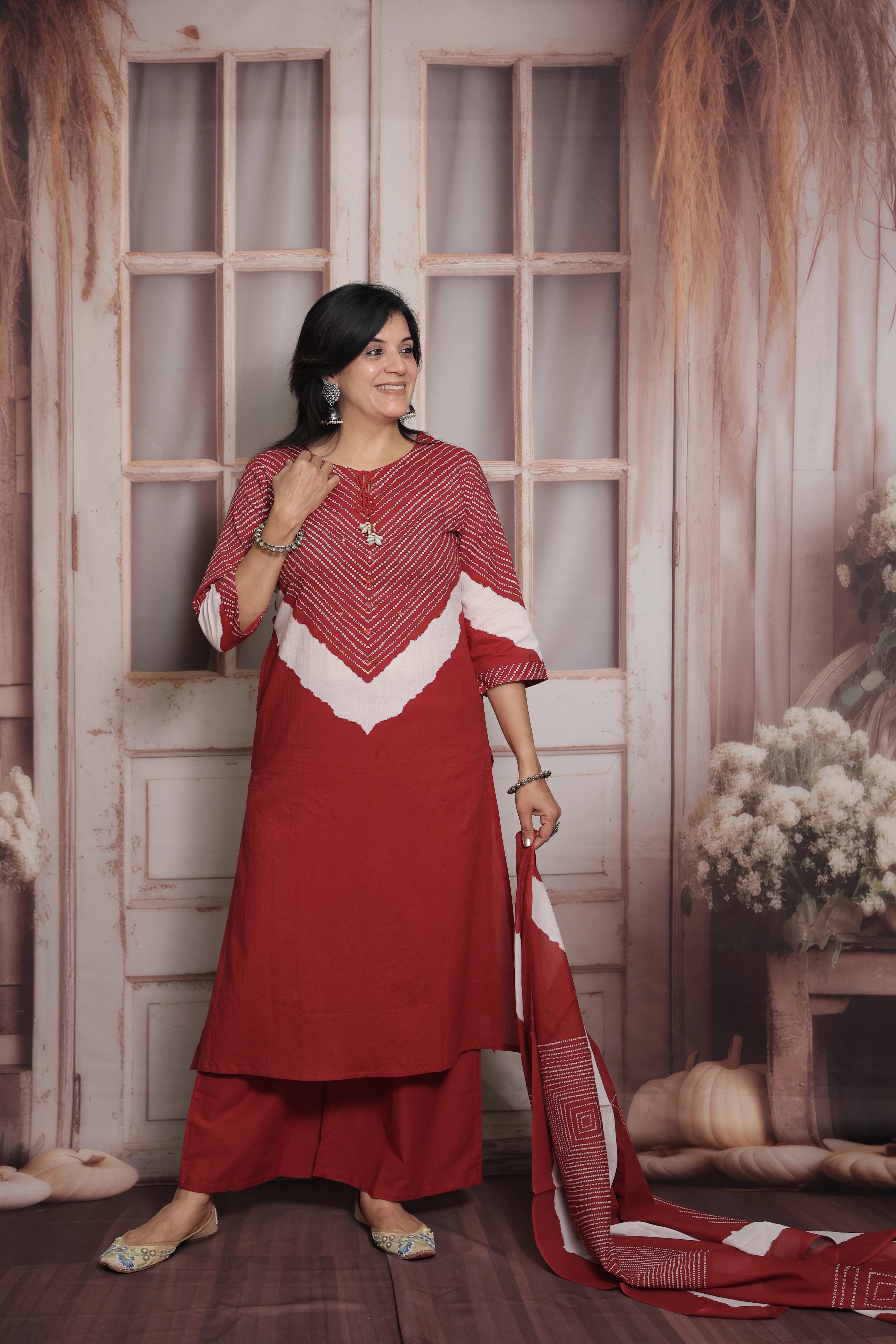 Dark Maroon Dupatta Set | Bandhani Print - Tie and Dye  & Mirror Work Mul Cotton Ethnic Set