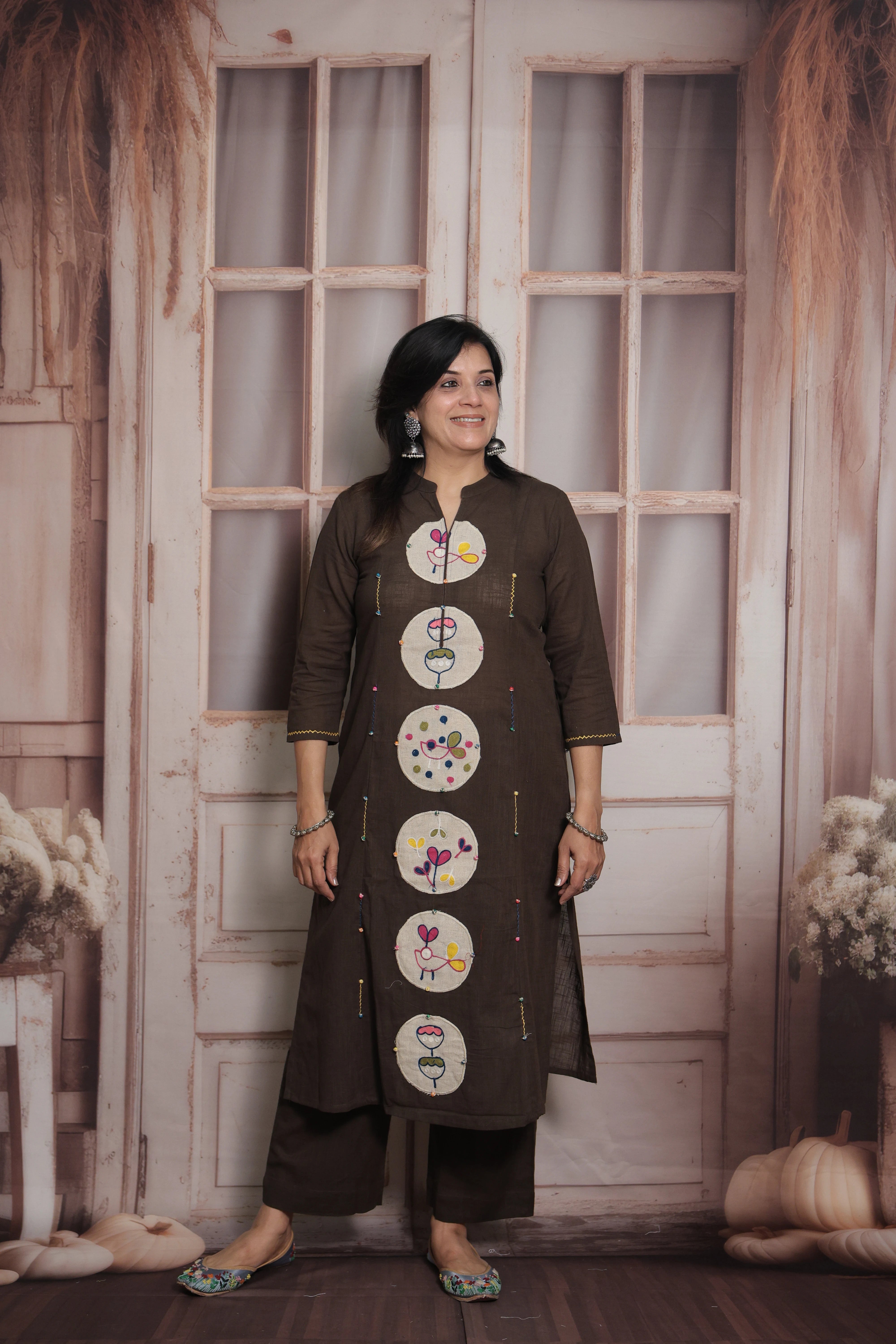 Dark Taupe Kurti Pant Set | Cotton | Applique & Thread Work