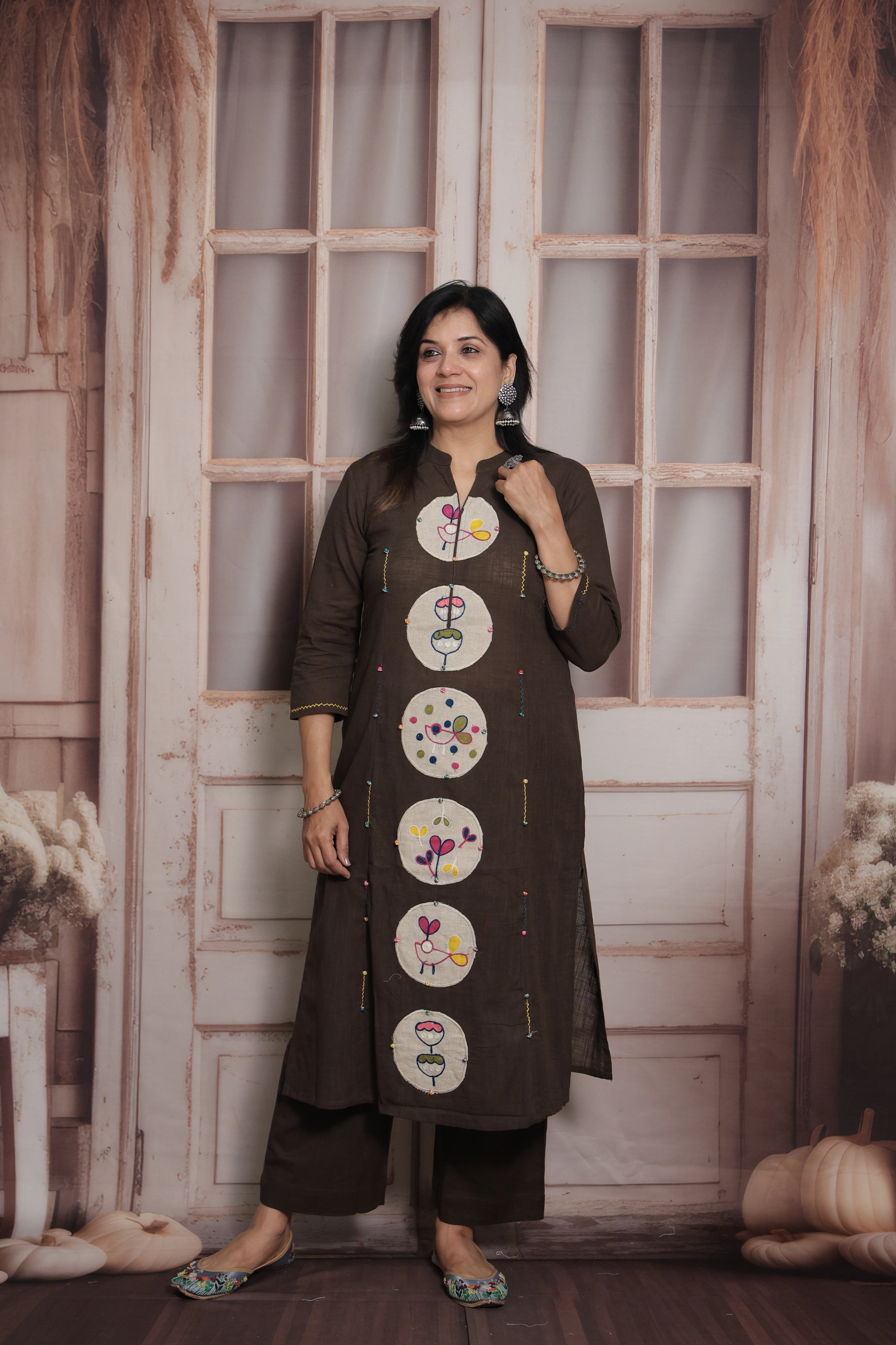 Dark Taupe Kurti Pant Set | Cotton | Applique & Thread Work