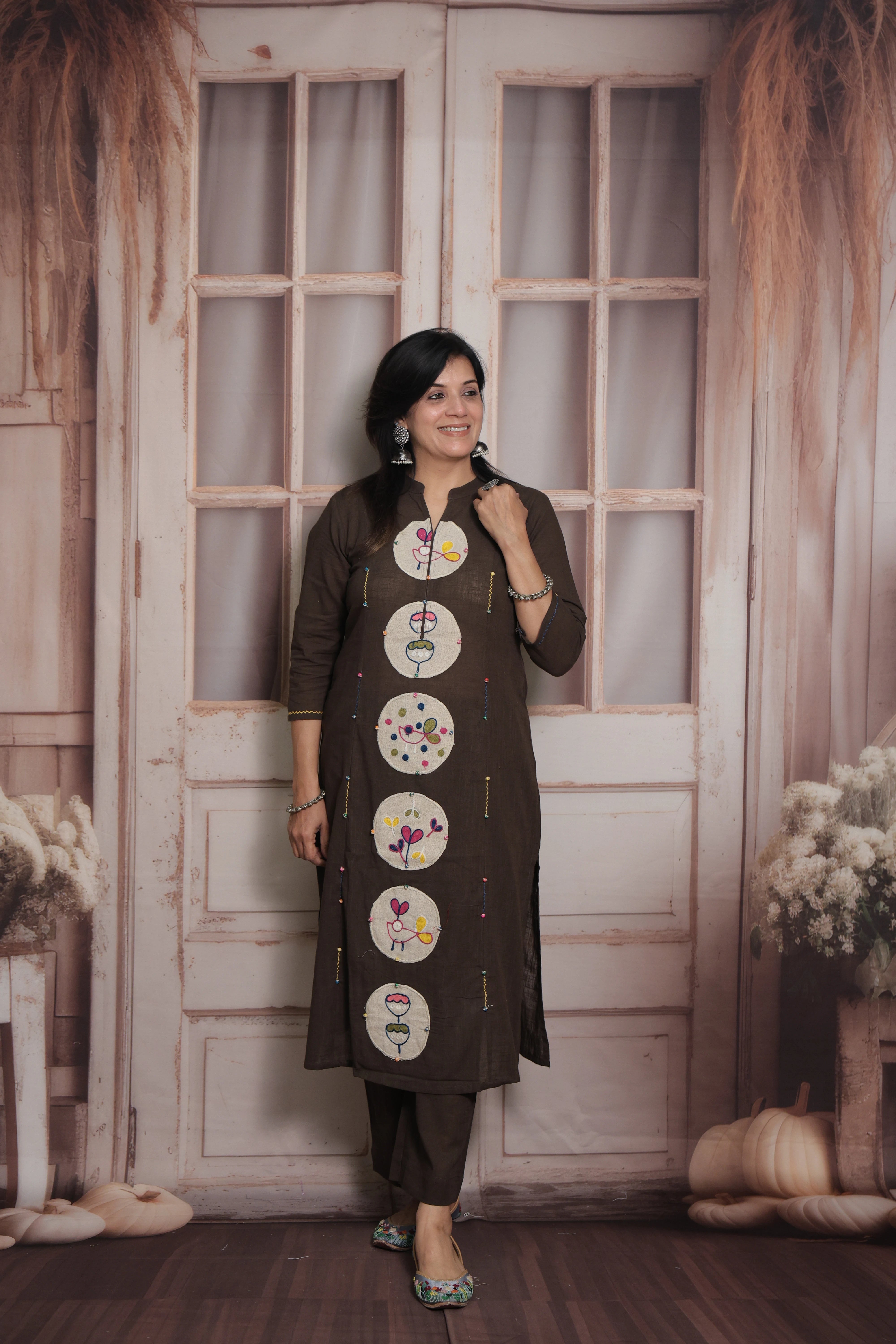 Dark Taupe Kurti Pant Set | Cotton | Applique & Thread Work