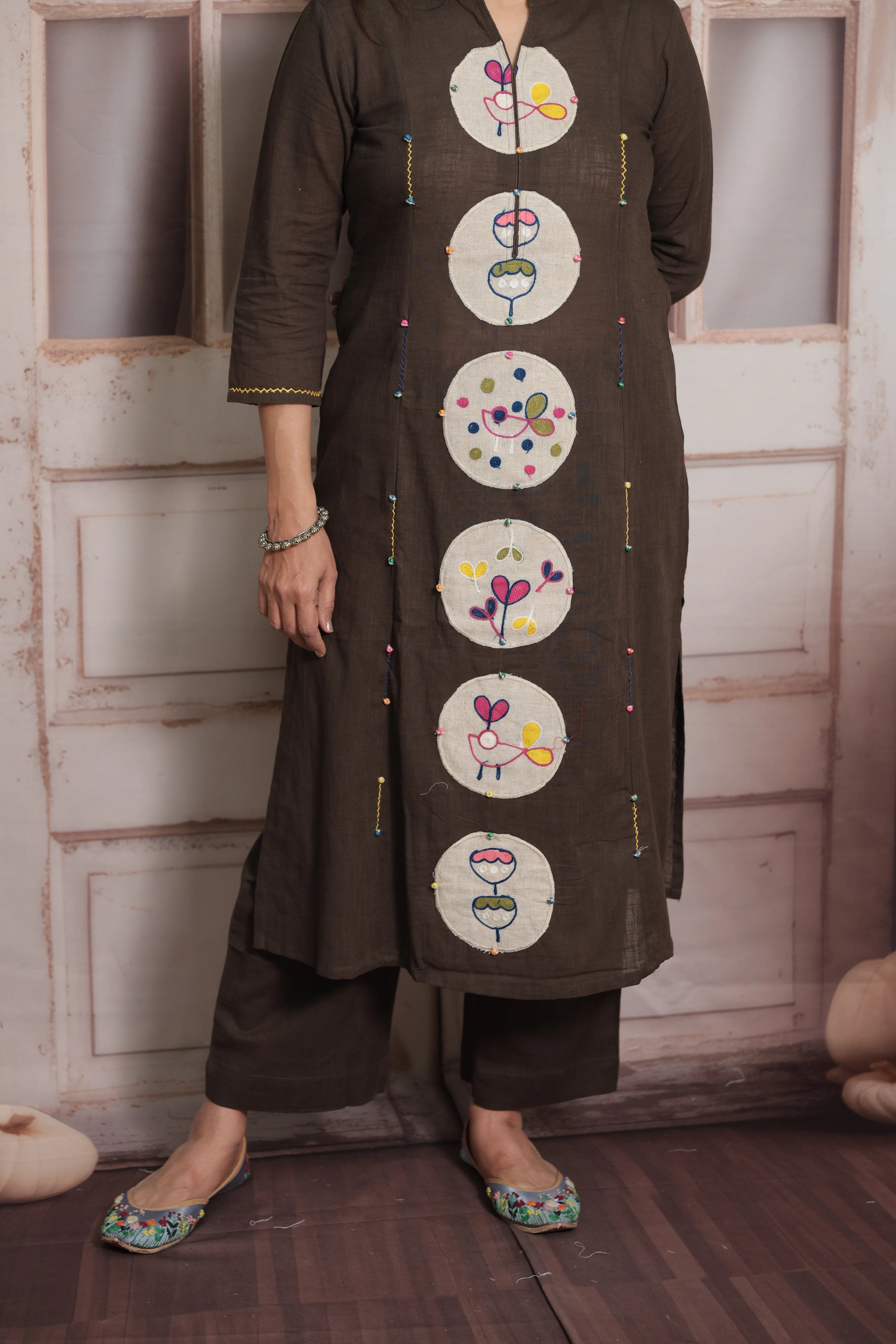 Dark Taupe Kurti Pant Set | Cotton | Applique & Thread Work