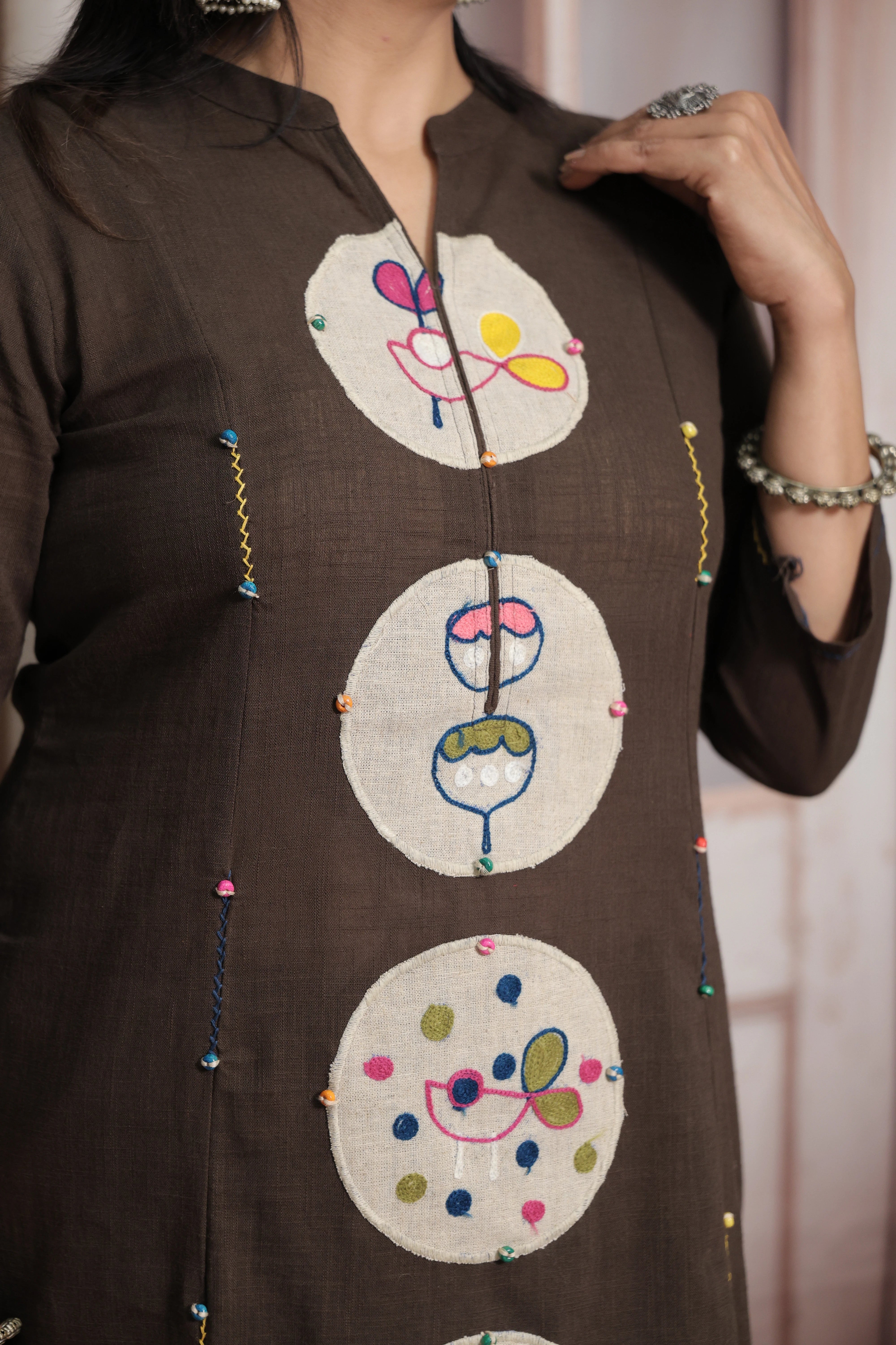 Dark Taupe Kurti Pant Set | Cotton | Applique & Thread Work
