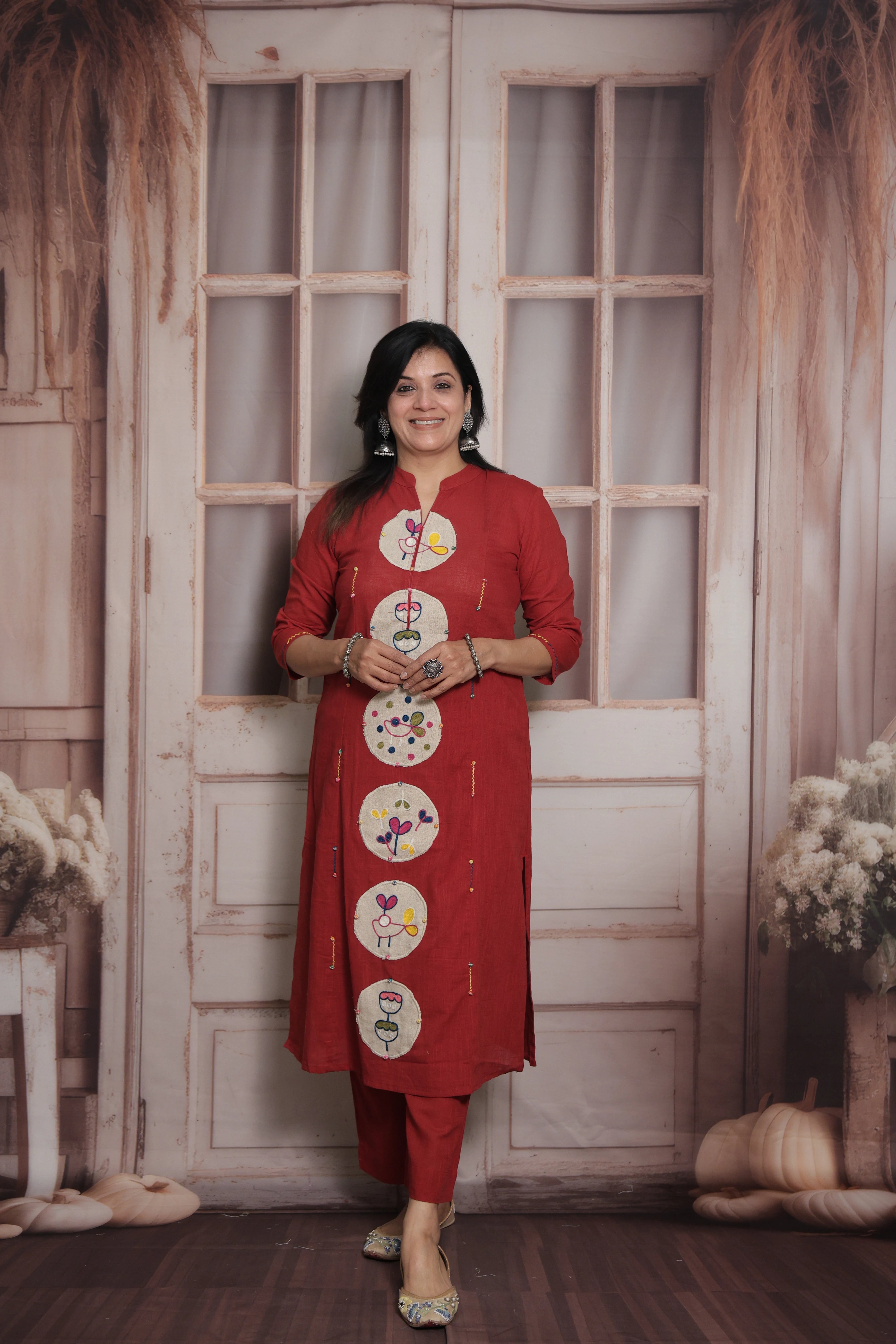 Falu Red Kurti Pant Set | Cotton | Applique & Thread Work