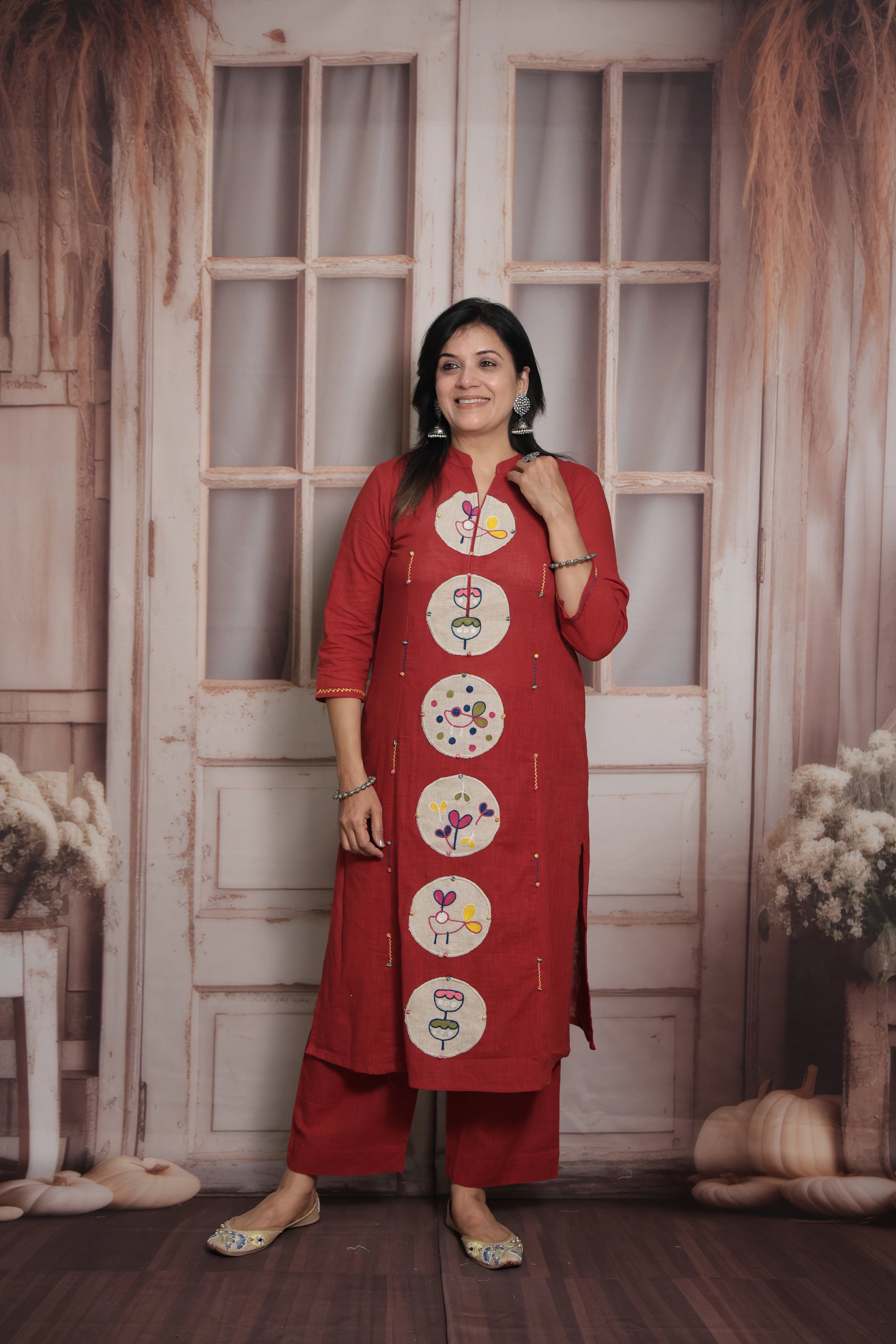 Falu Red Kurti Pant Set | Cotton | Applique & Thread Work