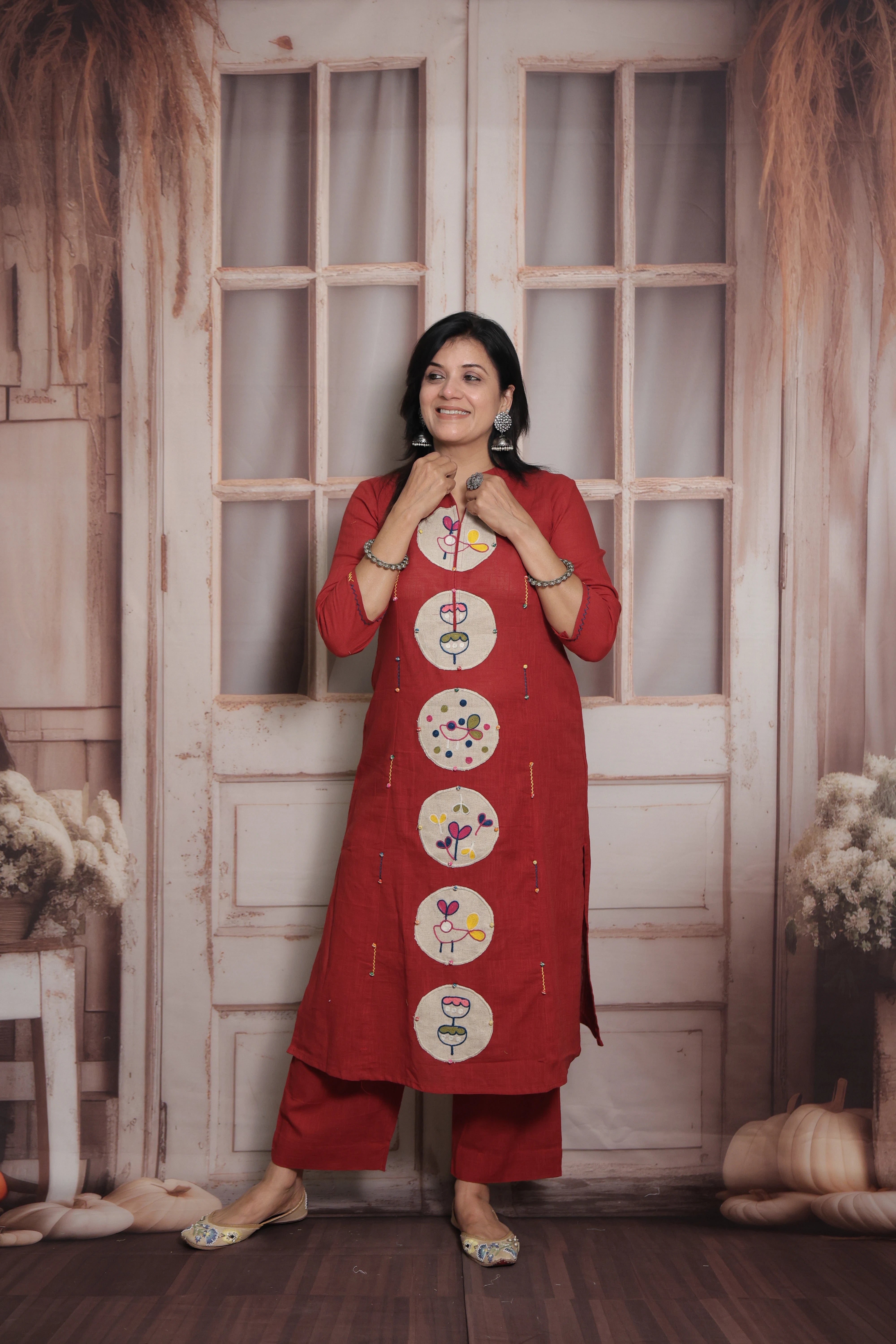 Falu Red Kurti Pant Set | Cotton | Applique & Thread Work