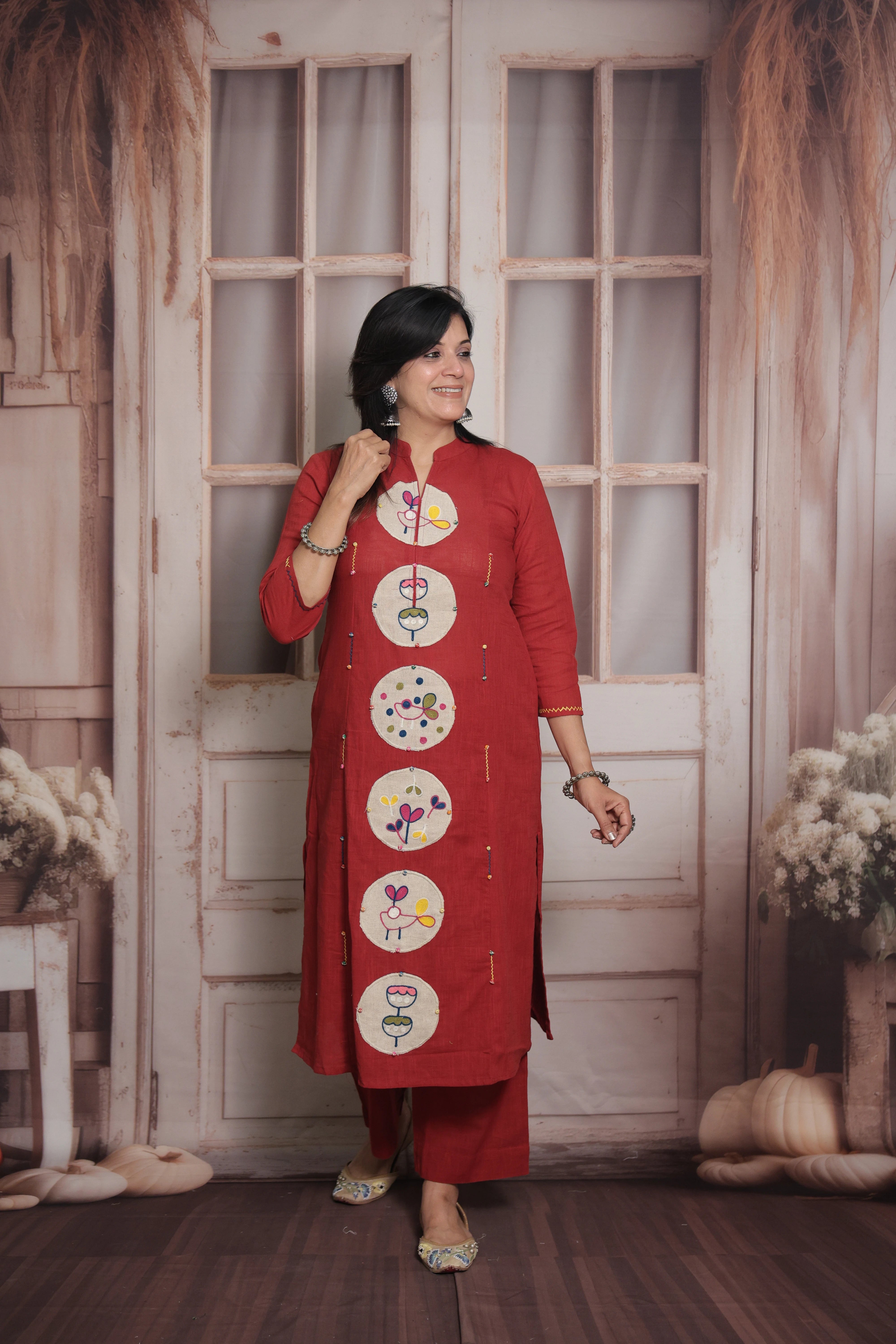 Falu Red Kurti Pant Set | Cotton | Applique & Thread Work