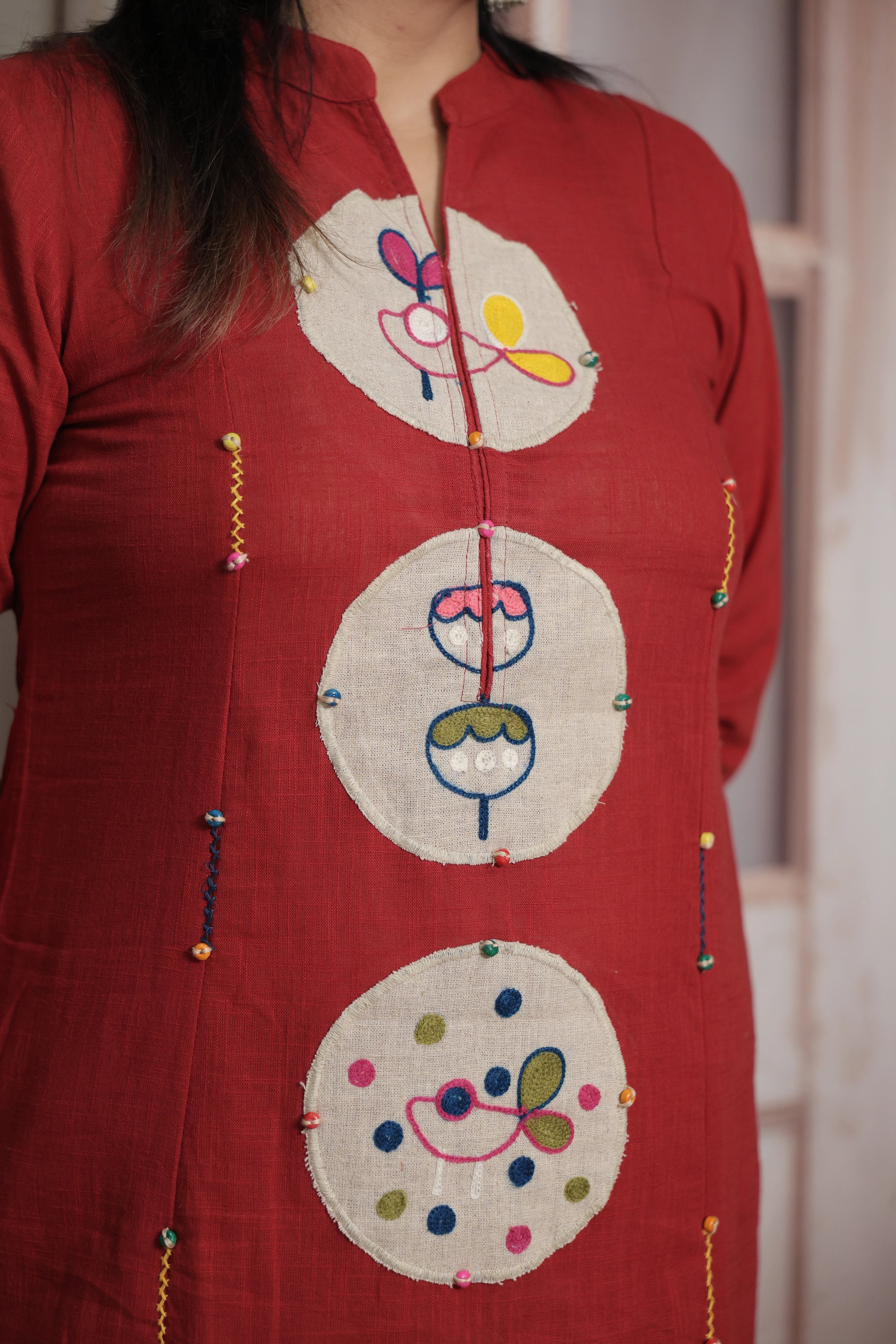 Falu Red Kurti Pant Set | Cotton | Applique & Thread Work