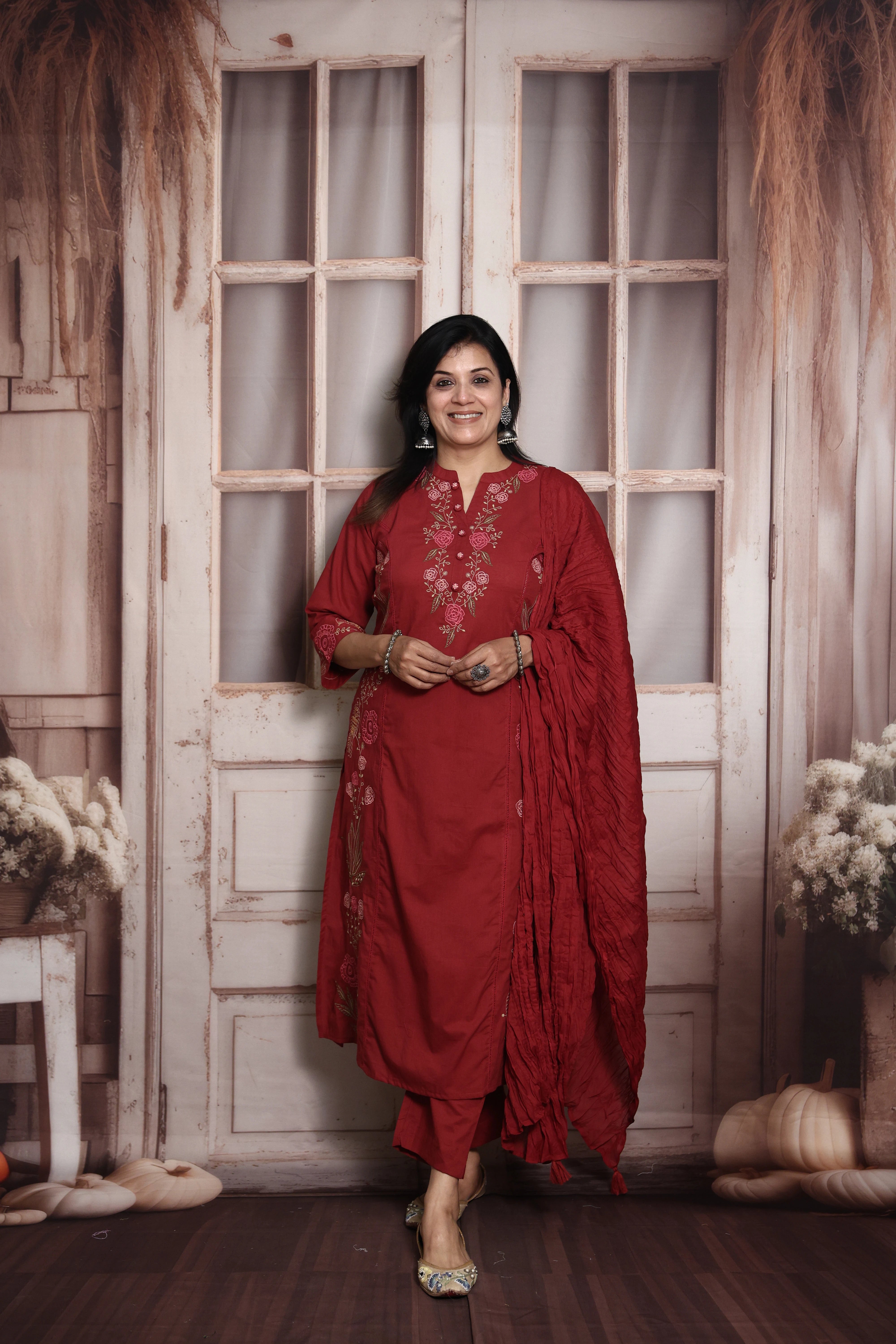 Maroon Kurti Pant Set with Dupatta | Floral Thread Embroidery Soft Cotton Ethnic Set