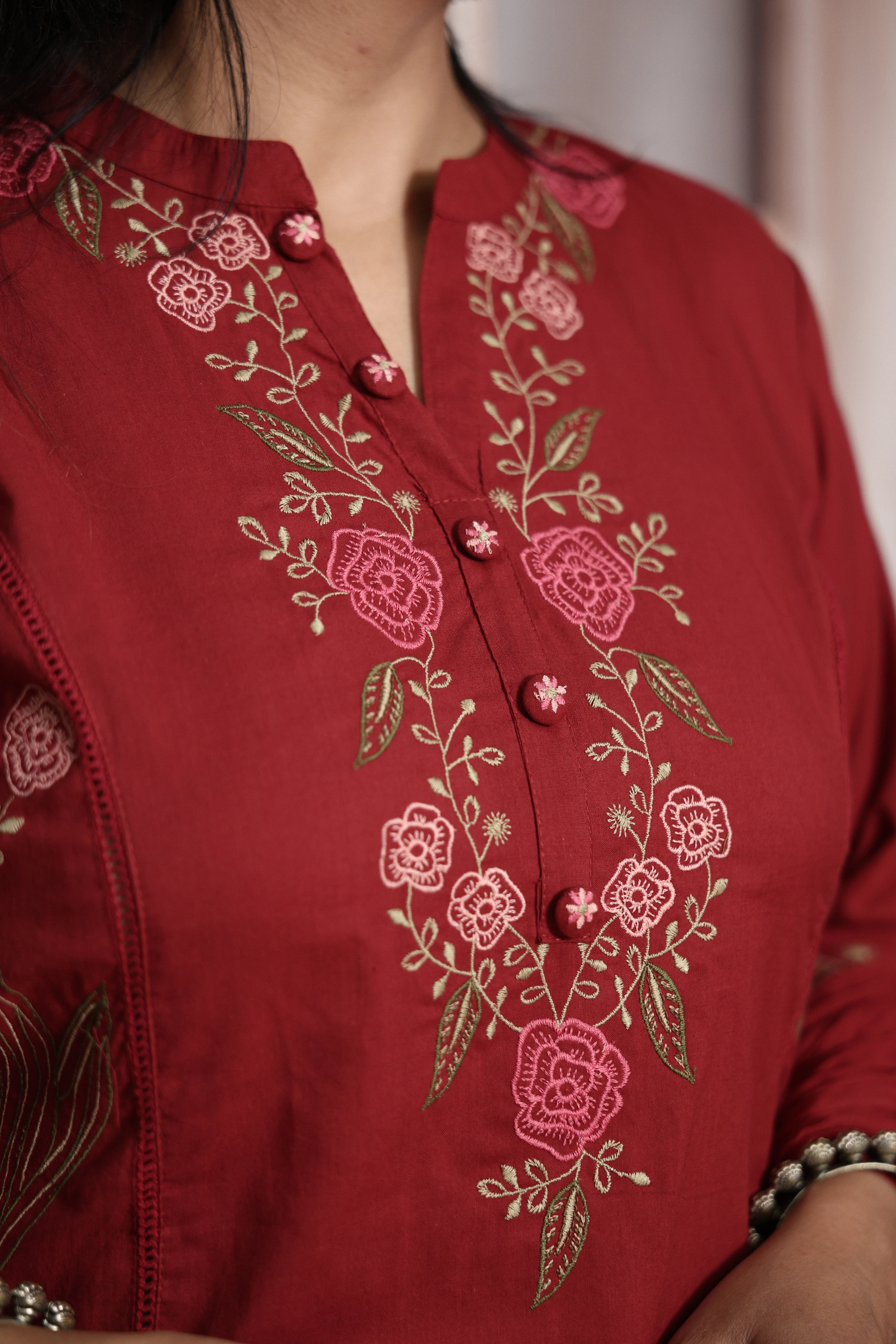 Maroon Kurti Pant Set with Dupatta | Floral Thread Embroidery Soft Cotton Ethnic Set
