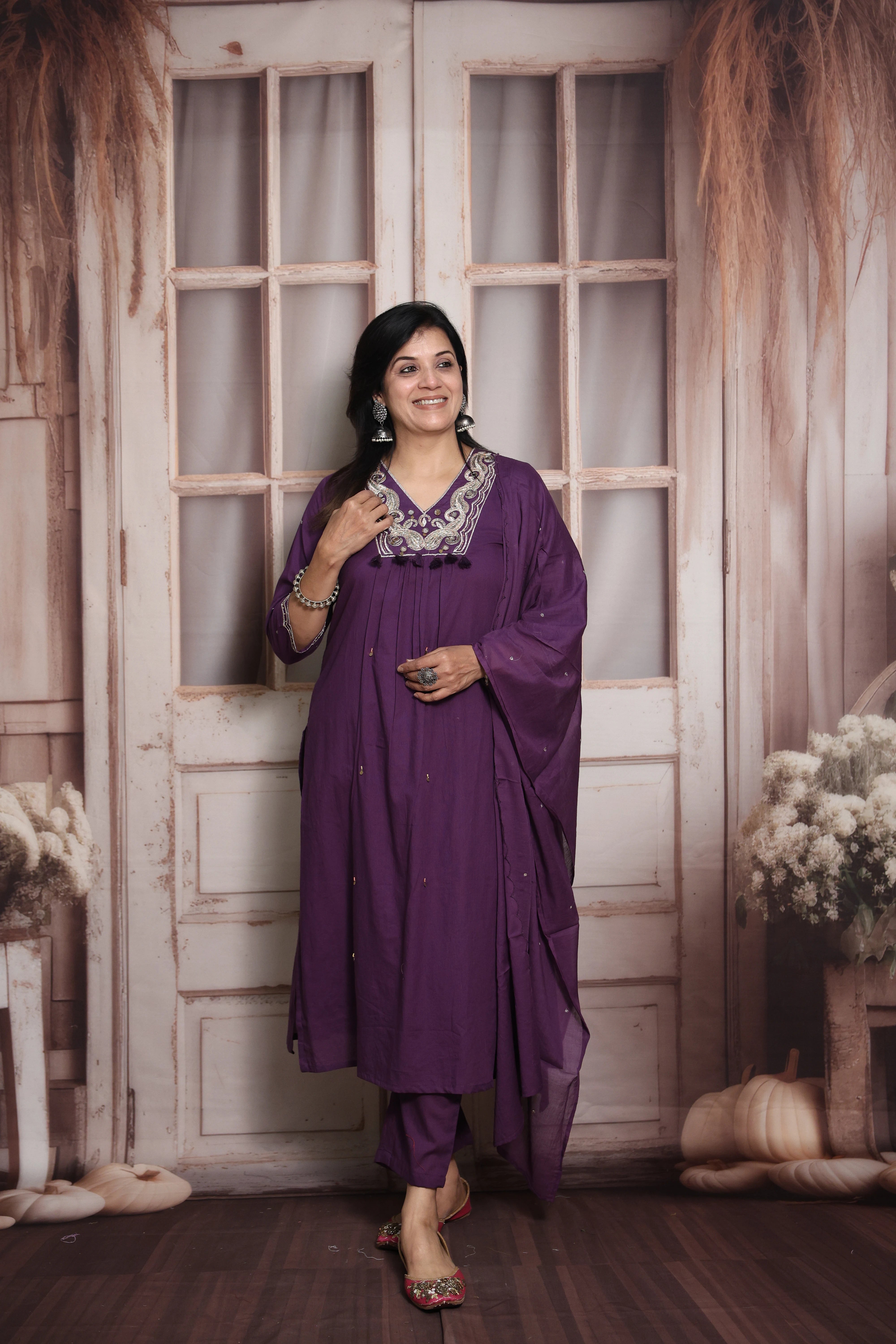 Royal Purple Dupatta Set | Pearl & Sequin with Mirror Work | Mul Cotton Ethnic Set