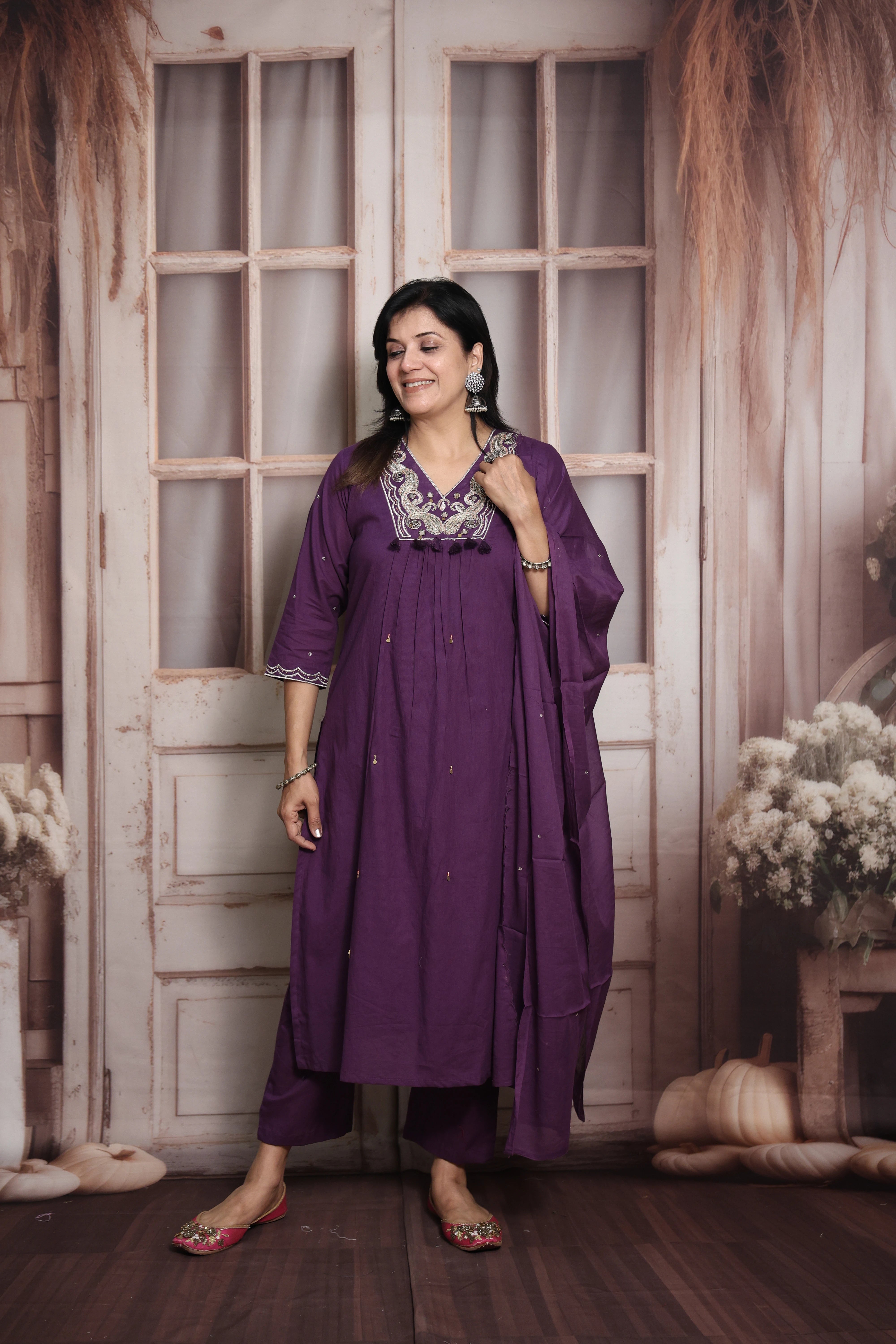 Royal Purple Dupatta Set | Pearl & Sequin with Mirror Work | Mul Cotton Ethnic Set
