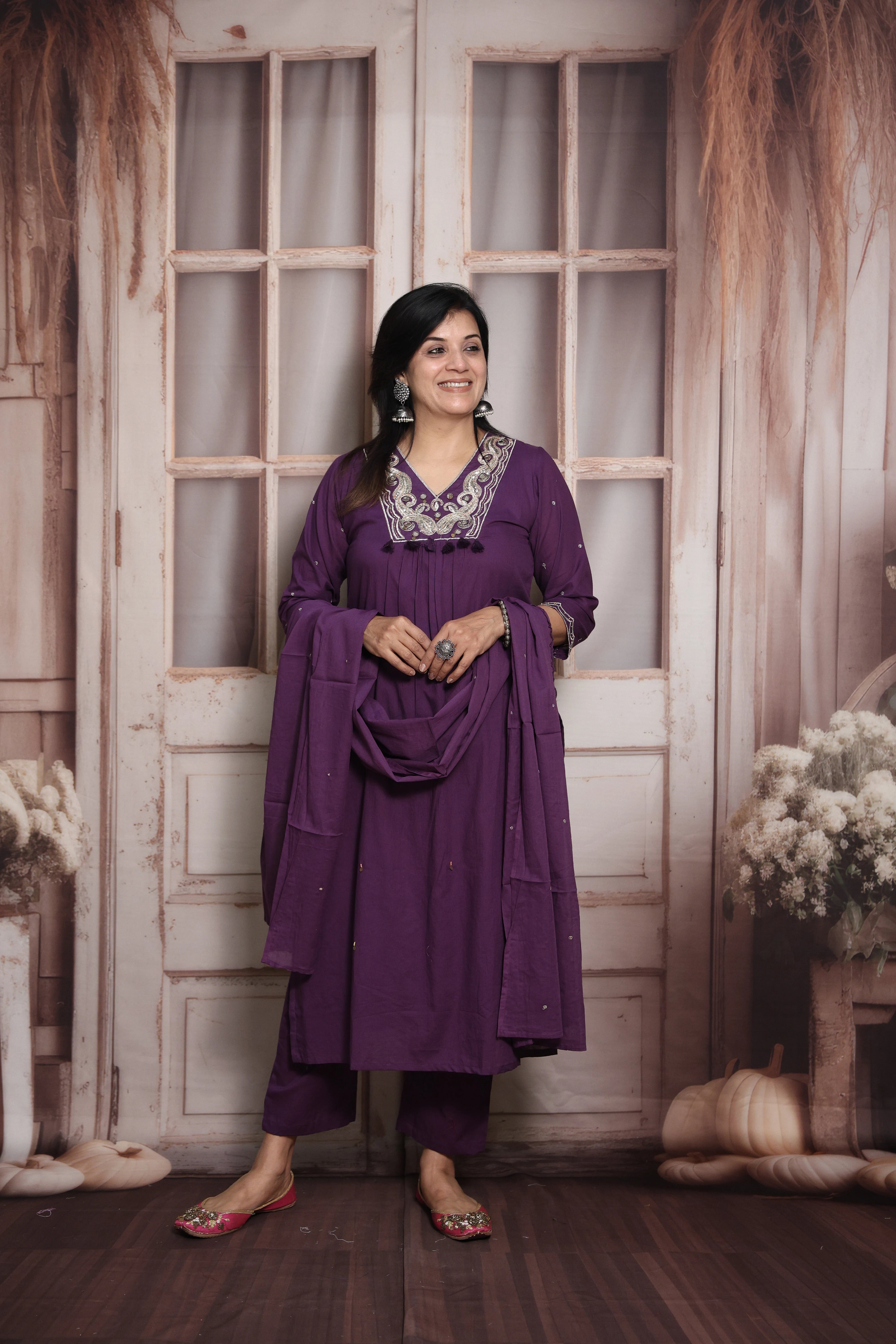 Royal Purple Dupatta Set | Pearl & Sequin with Mirror Work | Mul Cotton Ethnic Set