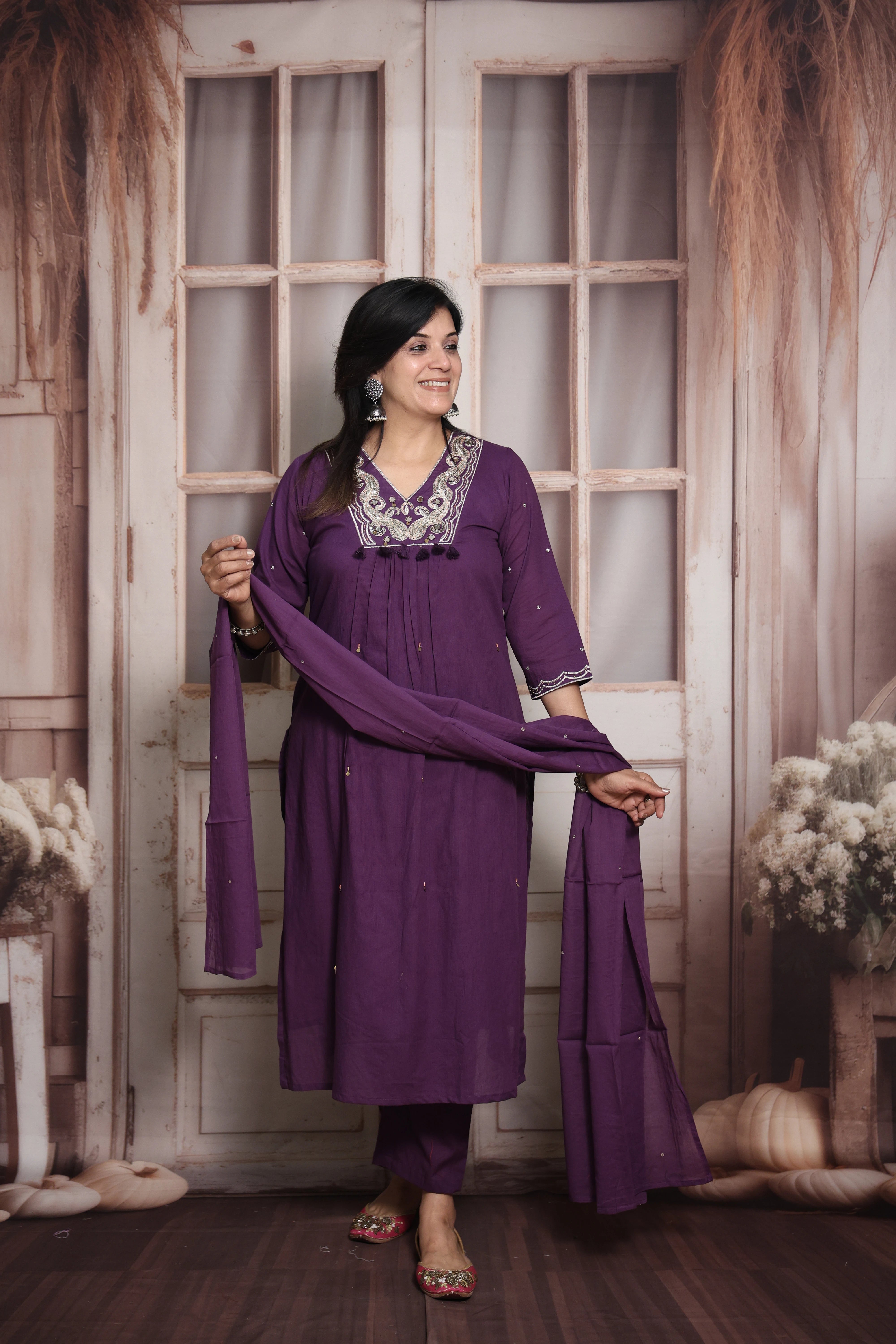 Royal Purple Dupatta Set | Pearl & Sequin with Mirror Work | Mul Cotton Ethnic Set