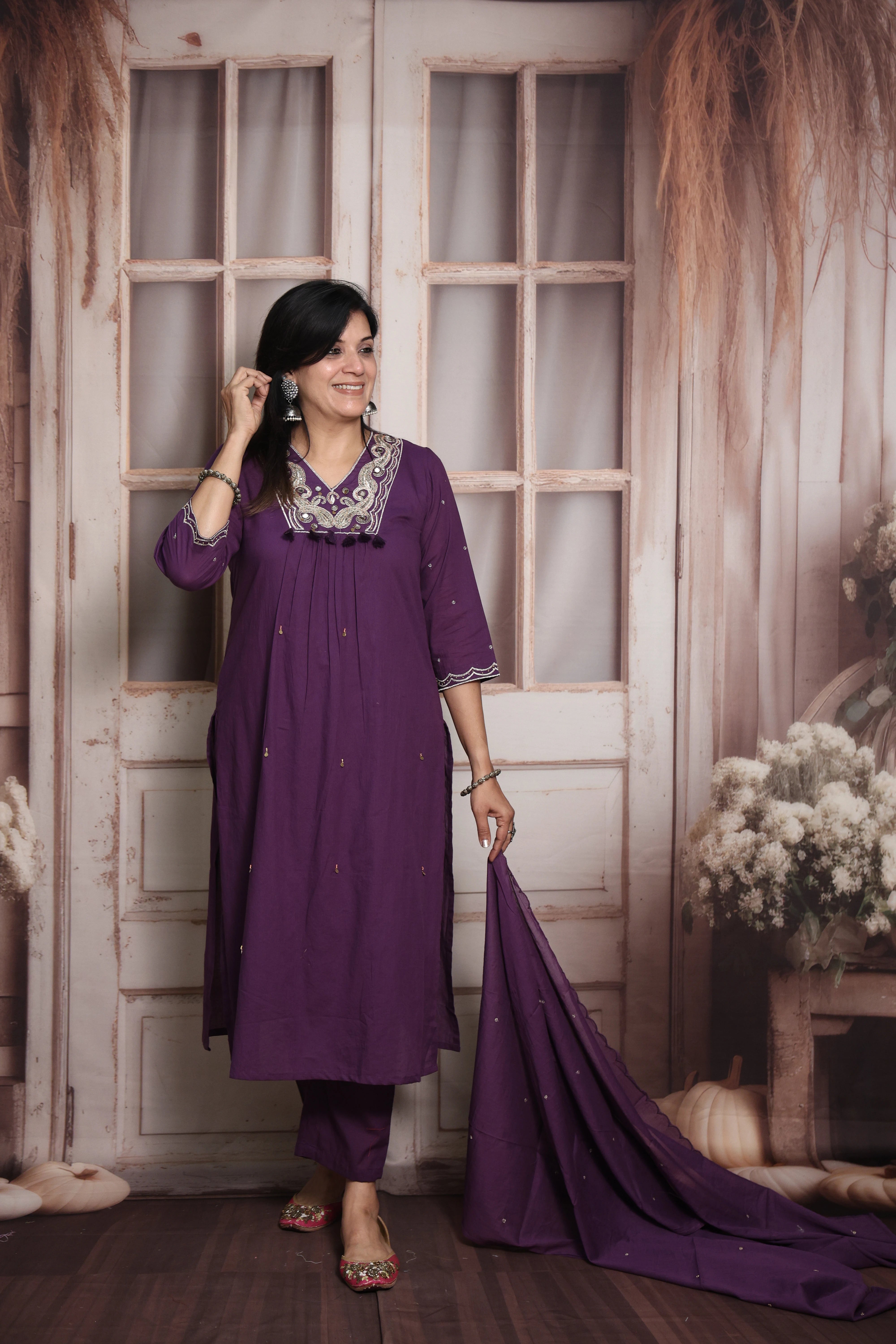 Royal Purple Dupatta Set | Pearl & Sequin with Mirror Work | Mul Cotton Ethnic Set