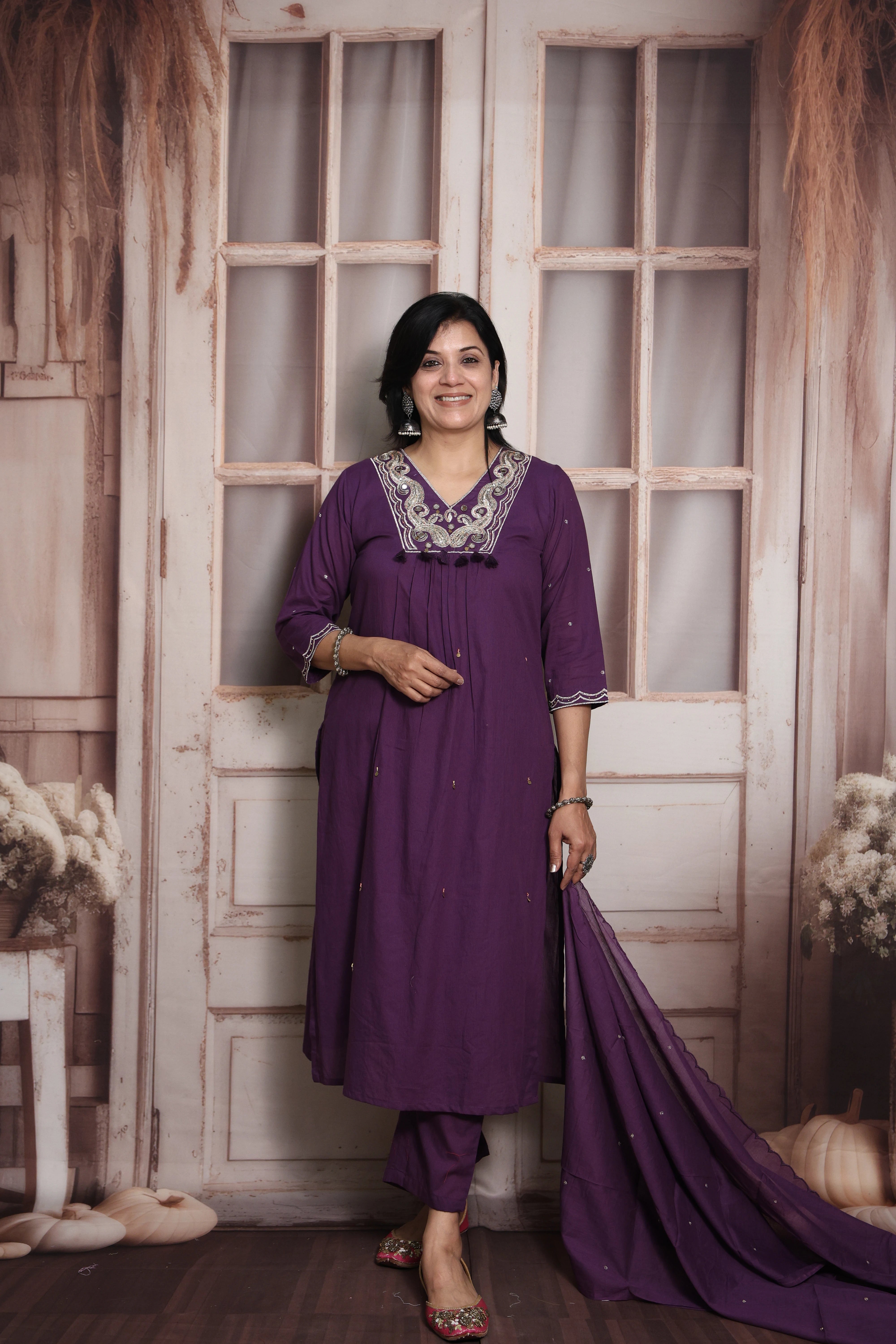 Royal Purple Dupatta Set | Pearl & Sequin with Mirror Work | Mul Cotton Ethnic Set