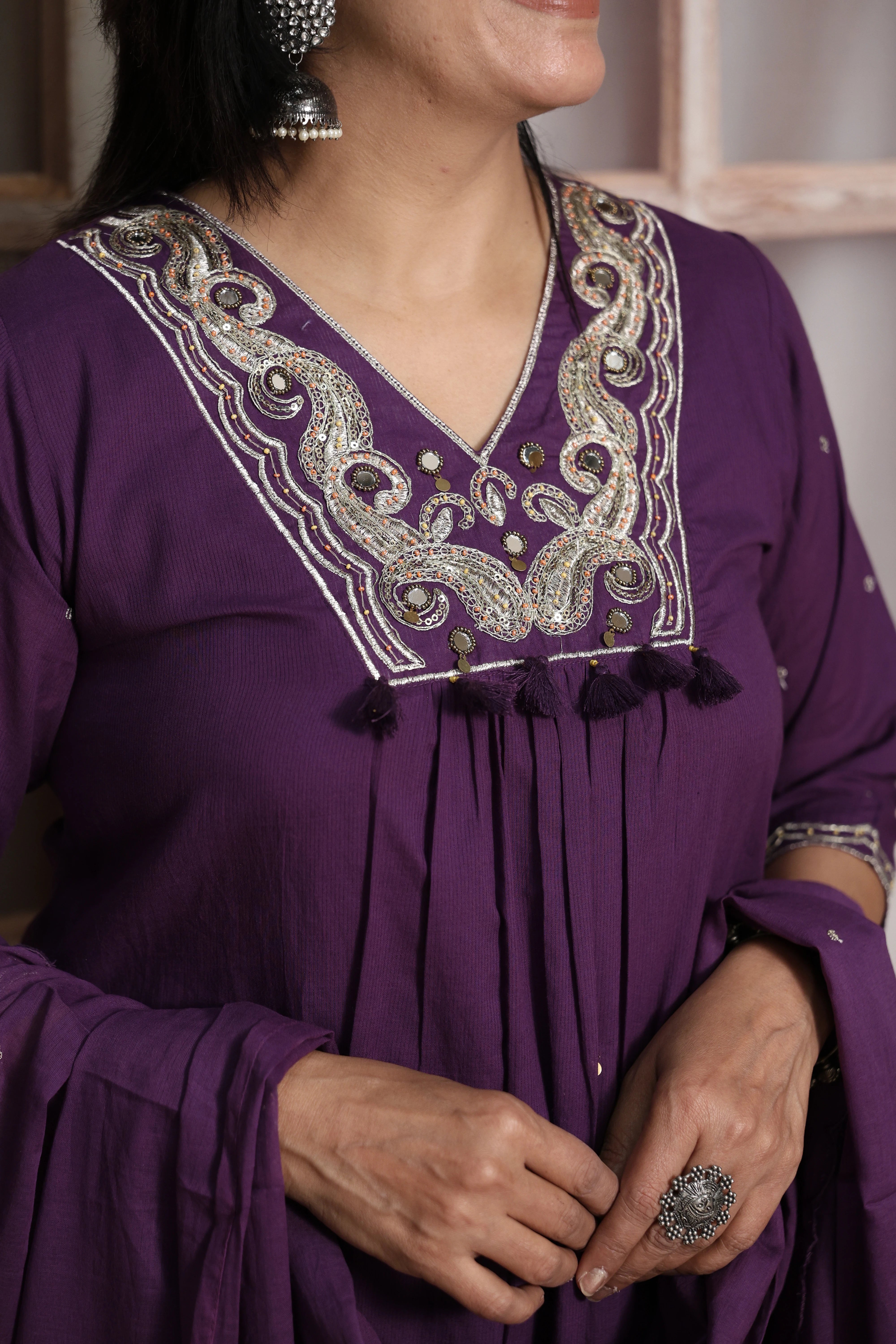 Royal Purple Dupatta Set | Pearl & Sequin with Mirror Work | Mul Cotton Ethnic Set