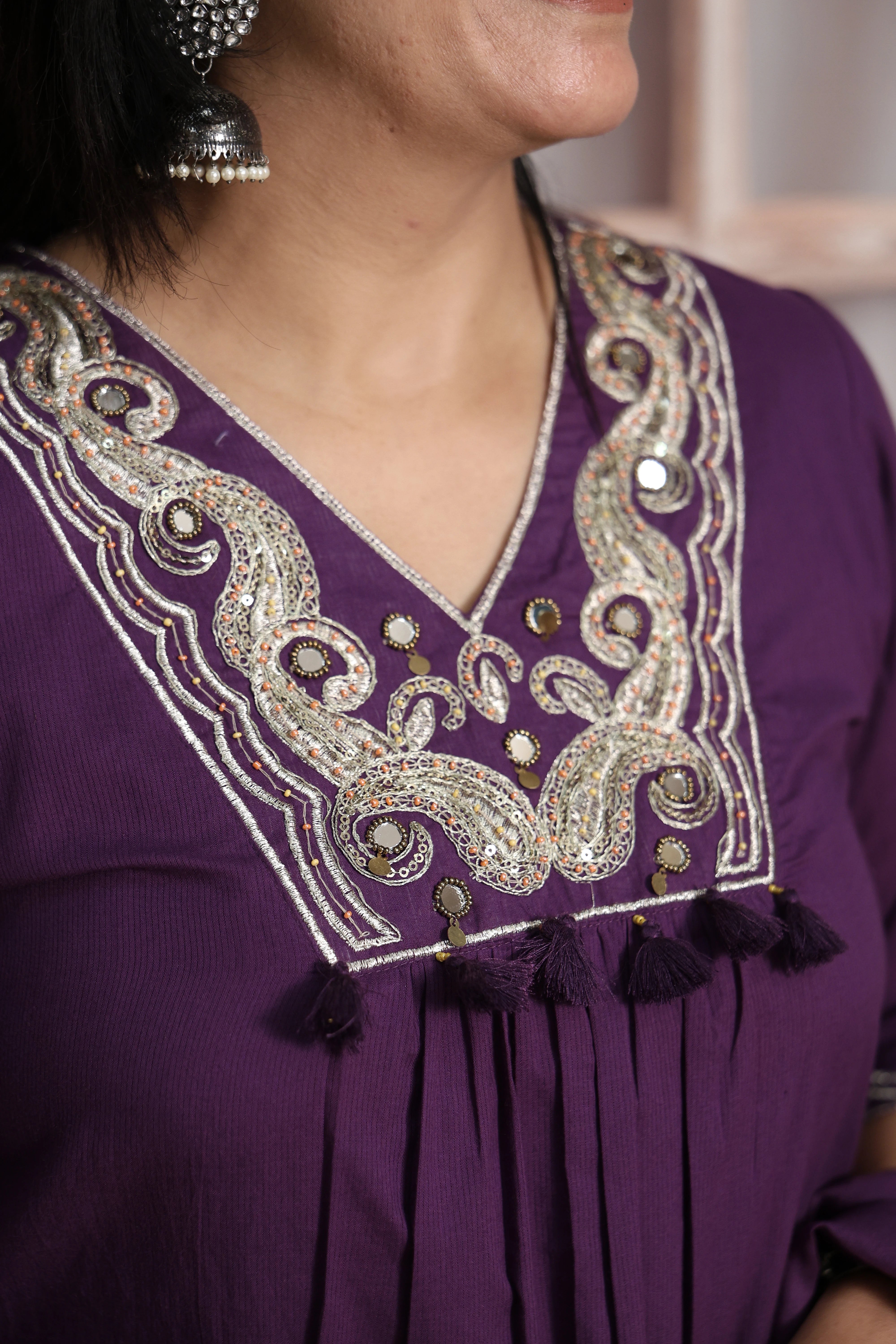 Royal Purple Dupatta Set | Pearl & Sequin with Mirror Work | Mul Cotton Ethnic Set
