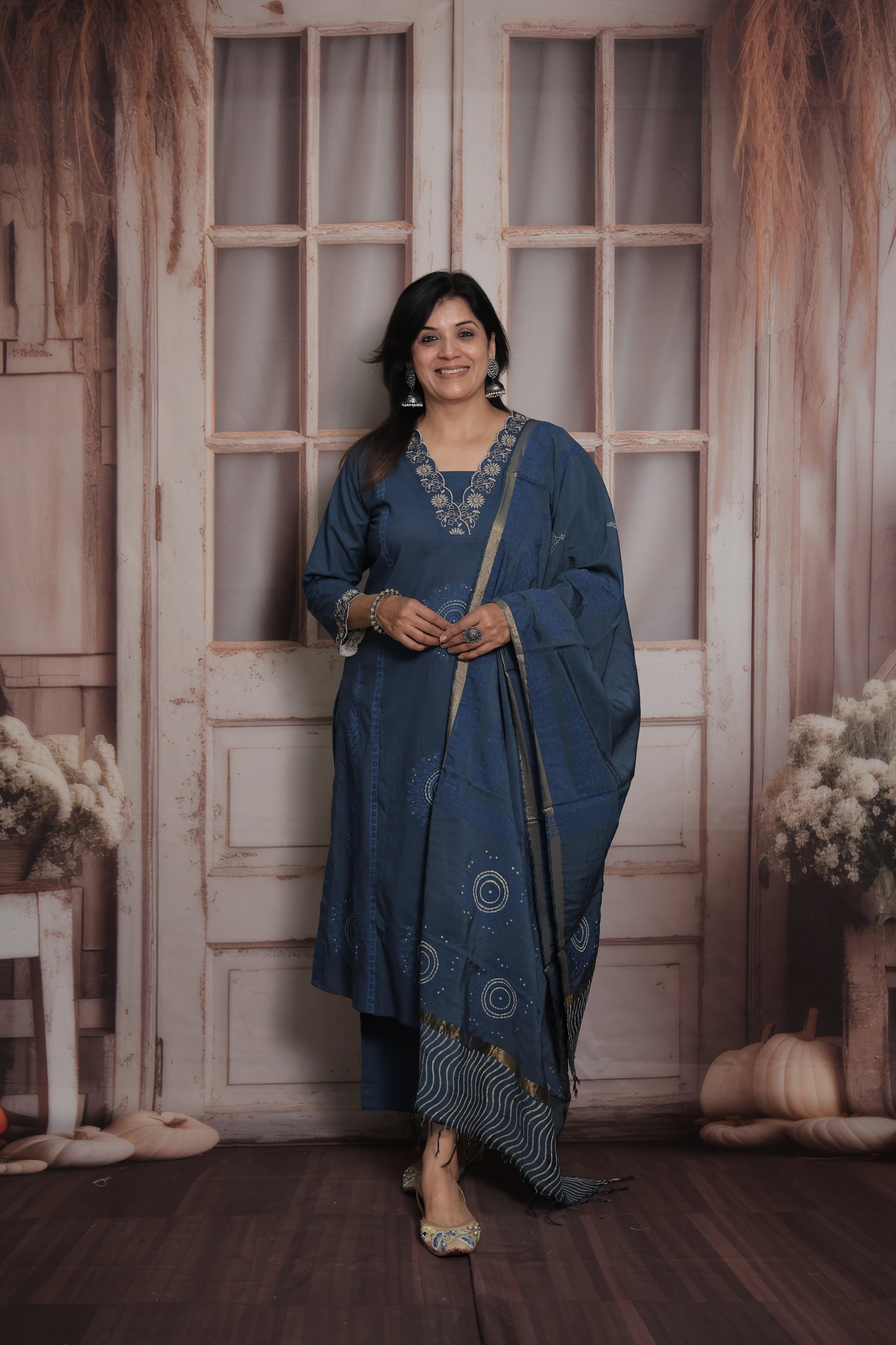 Classic Blue Kurti Pant with Silk Dupatta | Foil Print & Thread Embroidery Cotton Suit