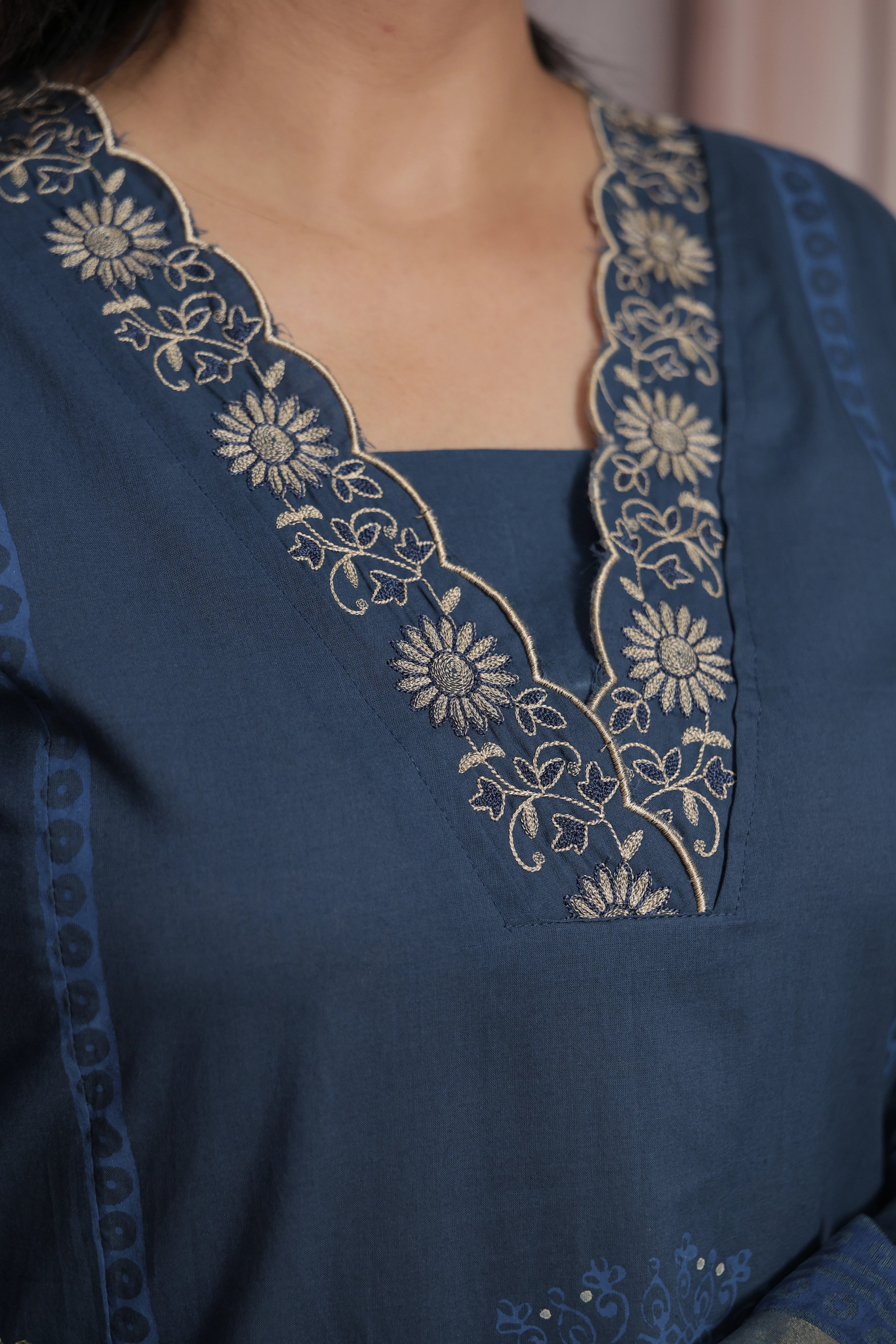 Classic Blue Kurti Pant with Silk Dupatta | Foil Print & Thread Embroidery Cotton Suit
